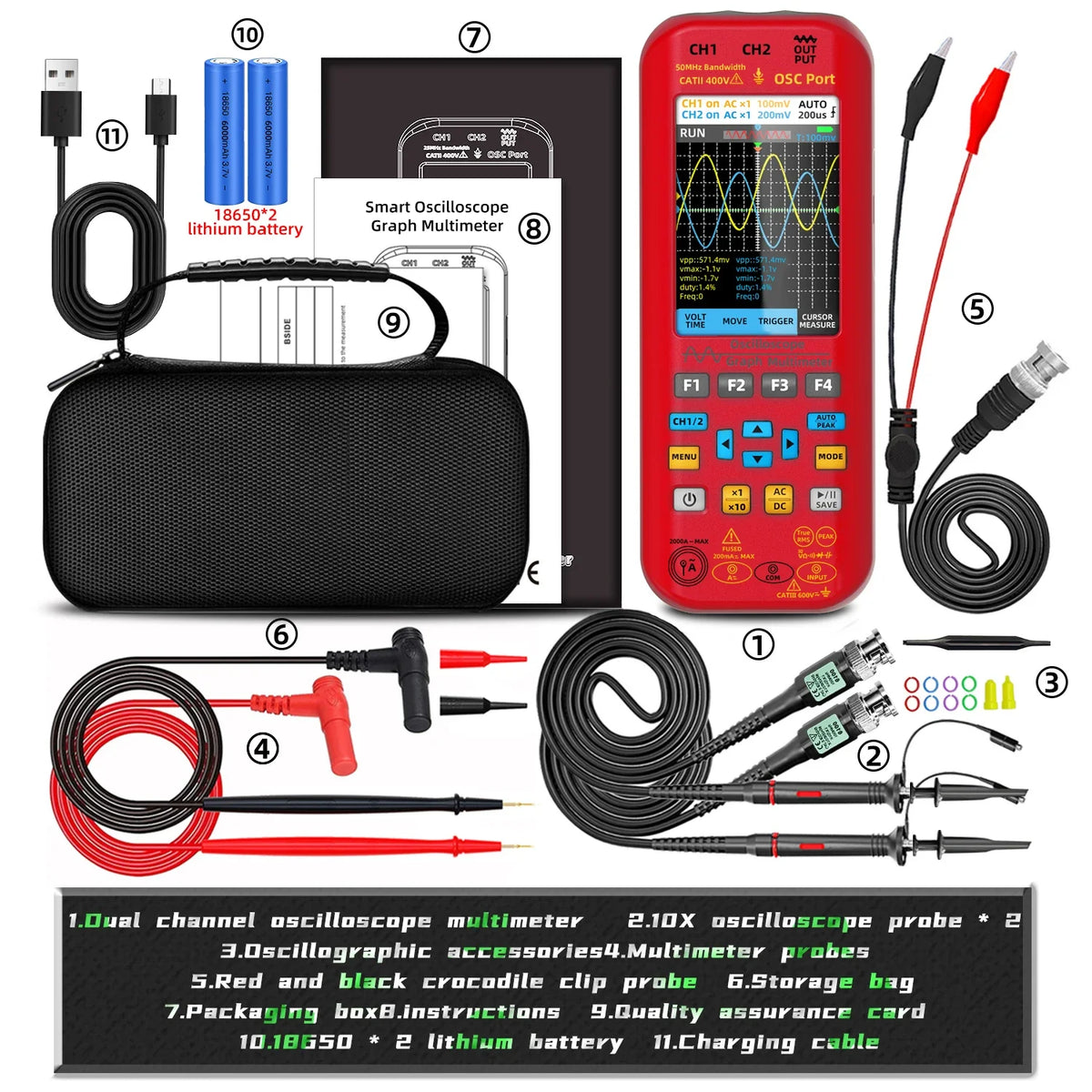 BSIDE O9 Dual Channel 50MHz Handheld Oscilloscope Multimeter Signal Generator