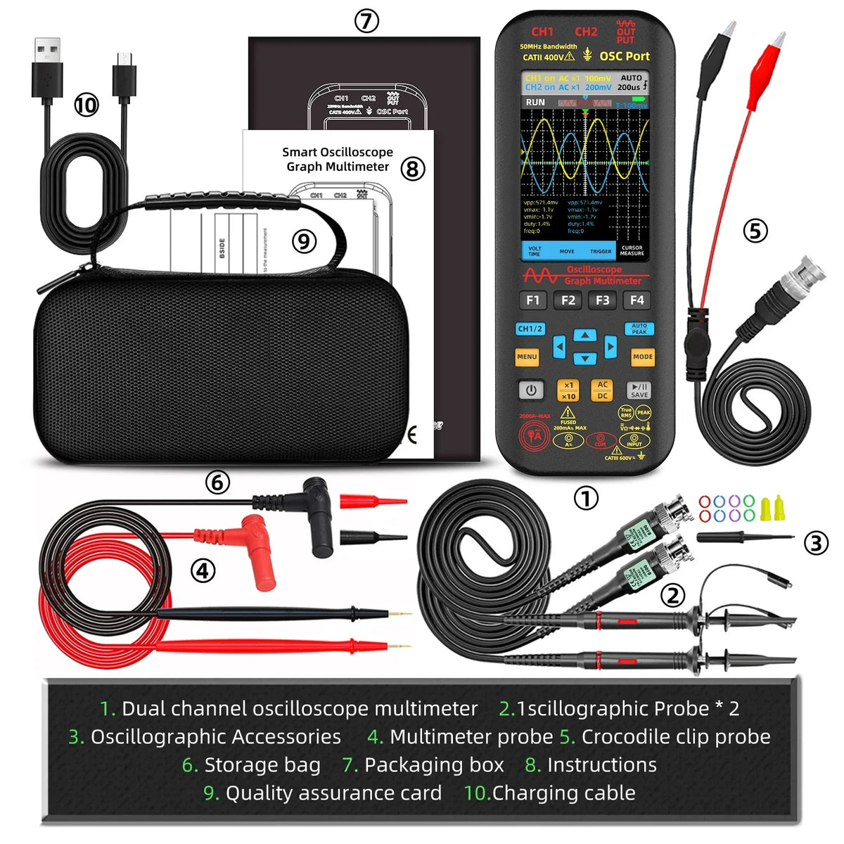 BSIDE O9 Dual Channel 50MHz Handheld Oscilloscope Multimeter Signal Generator