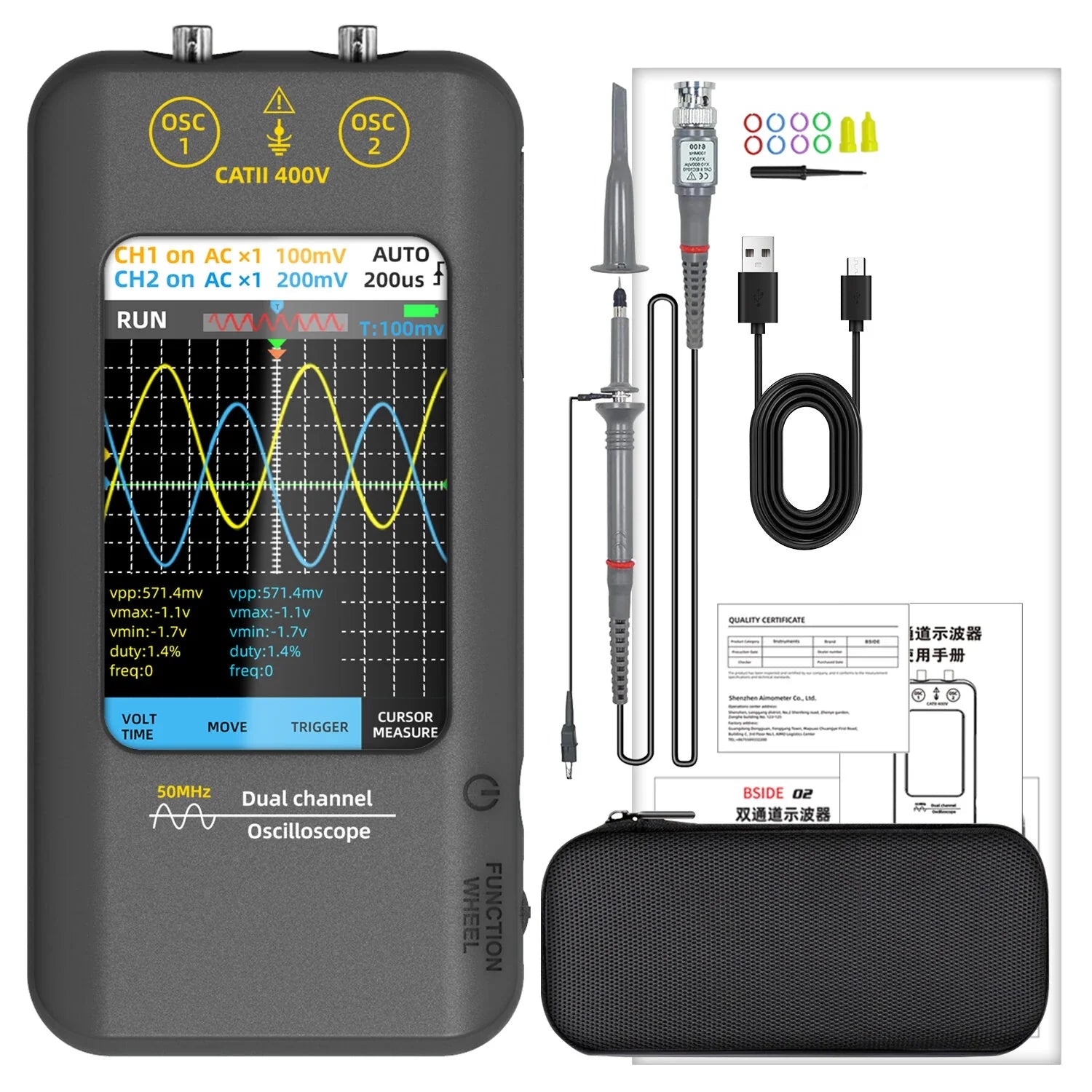 BSIDE O2 Dual Channel 50MHz Oscilloscope with Signal Generator