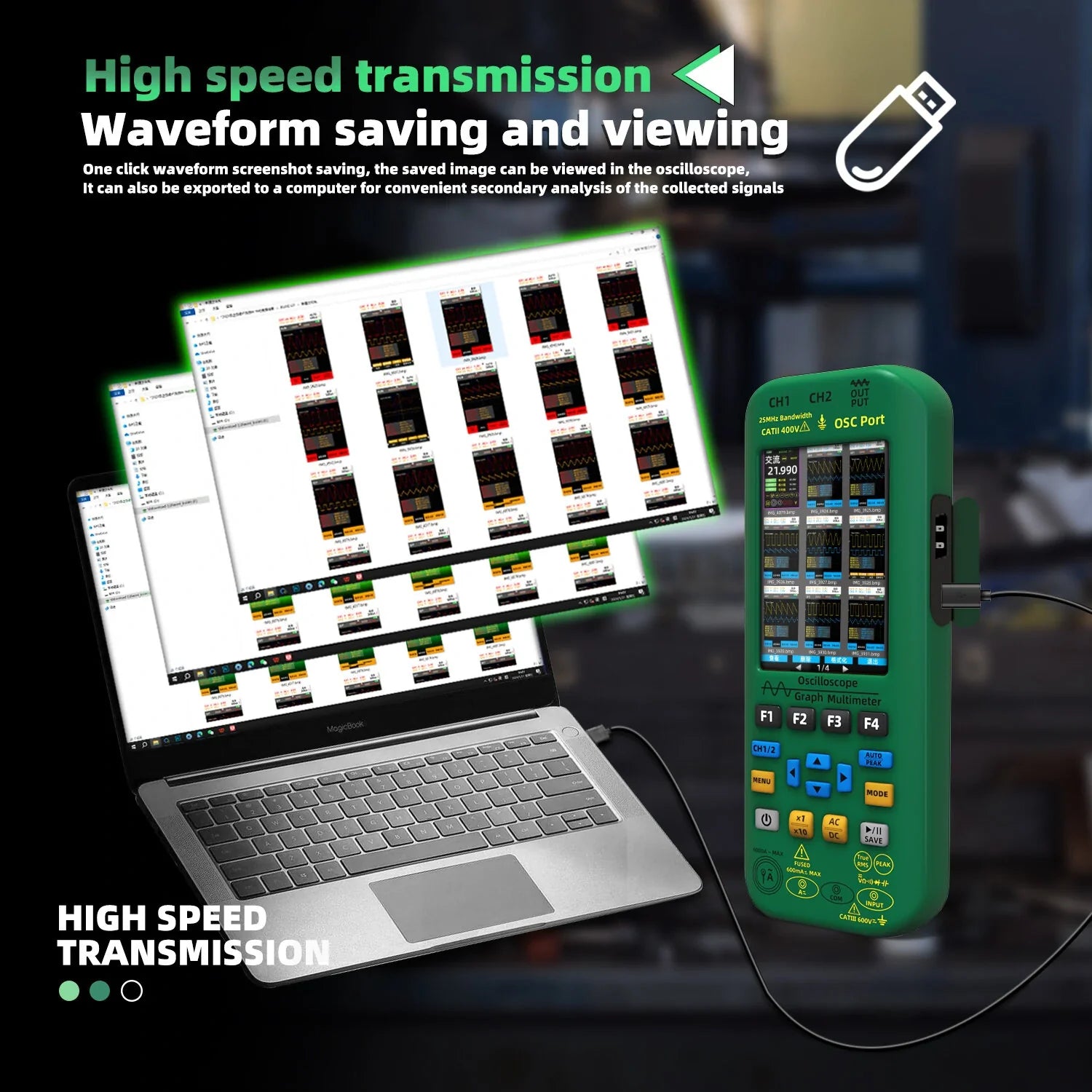 BSIDE O7 Handheld Oscilloscope 50MHz Dual Channel 4-in-1 Digital Multimeter with Function Generator & Current Tester