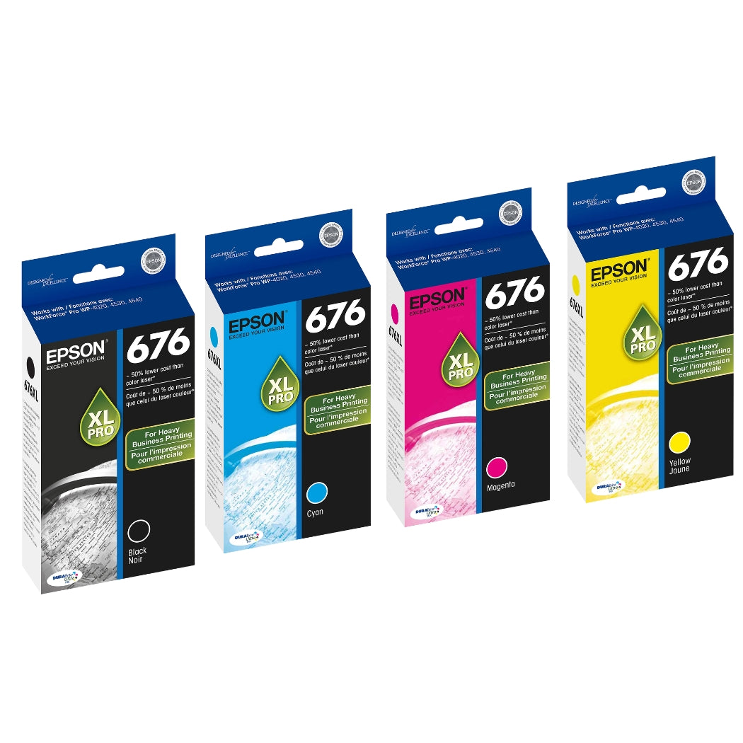 New, Pre-Owned - Epson 676XL High Yield Black, Cyan, Magenta, and Yellow Ink Cartridges