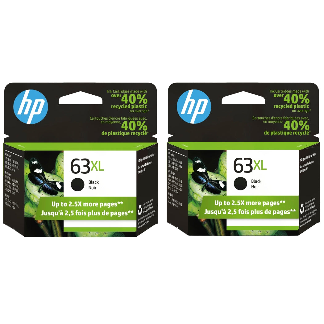 New, Pre-Owned - High Yield HP 63XL (F6U64AN) Black Ink Cartridge - 2 Pack