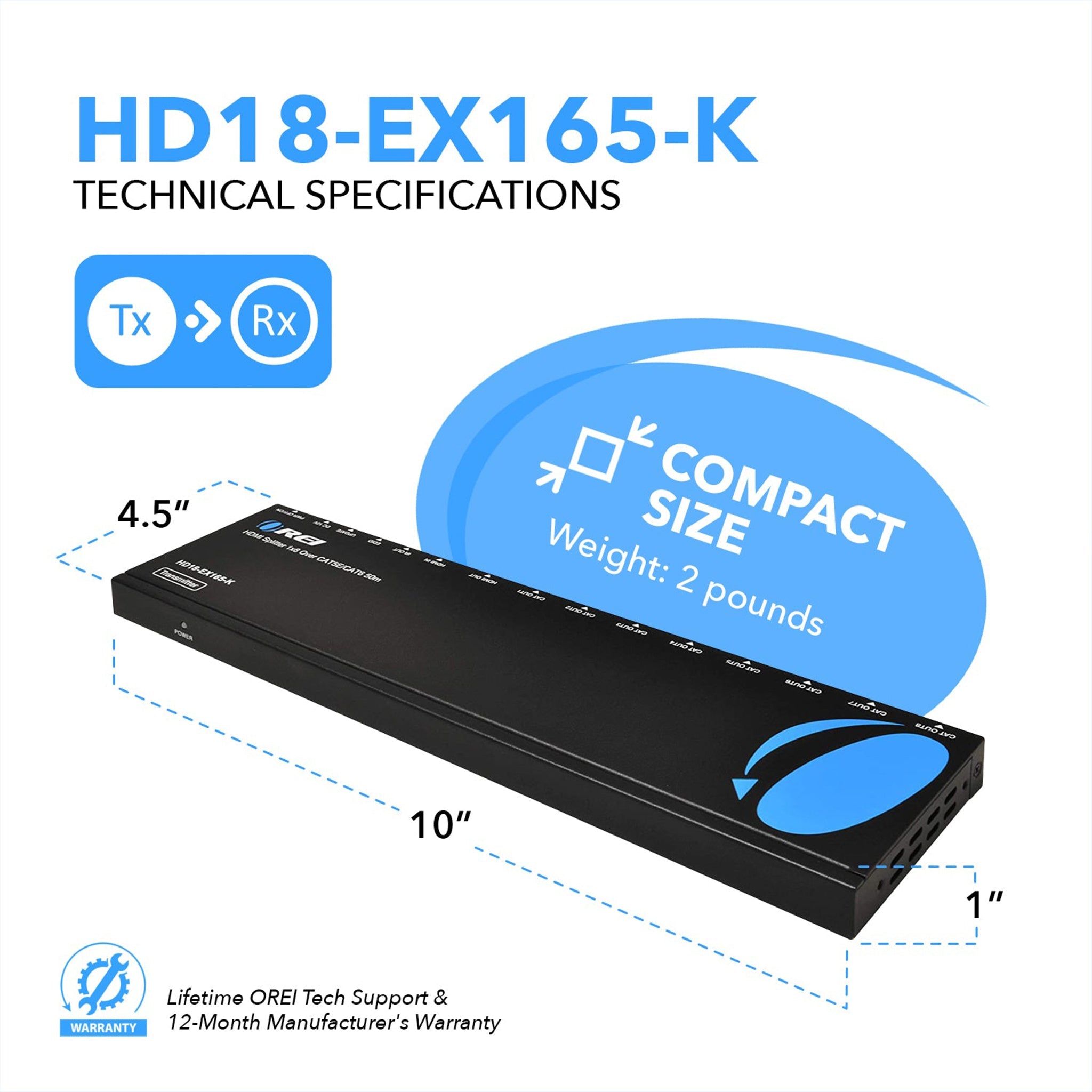4K@30Hz 1x8 HDMI™ Extender Splitter (Loop) - 230ft (cat6)-HD18-EX165-K