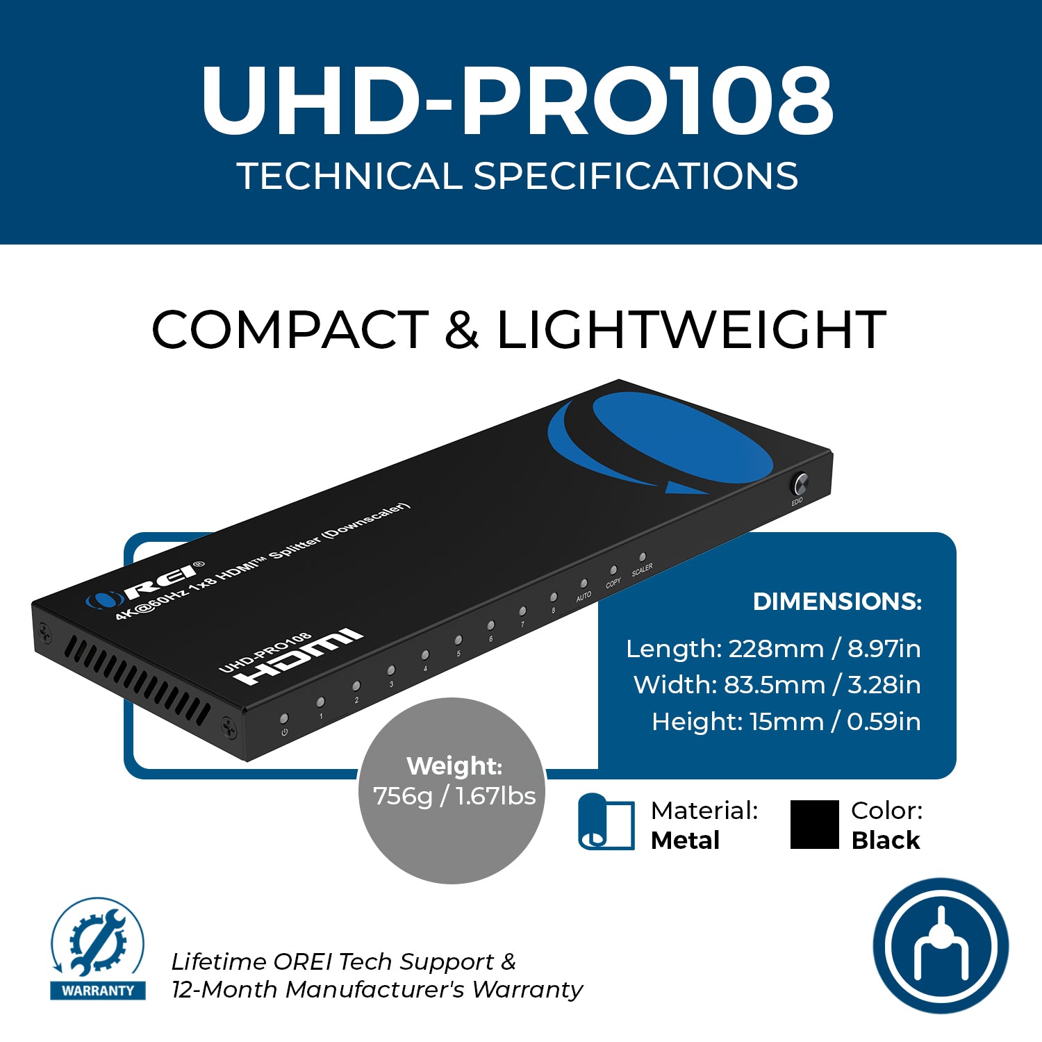 4K@60Hz 1x8 HDMI Splitter (Downscaler) UHD-PRO108