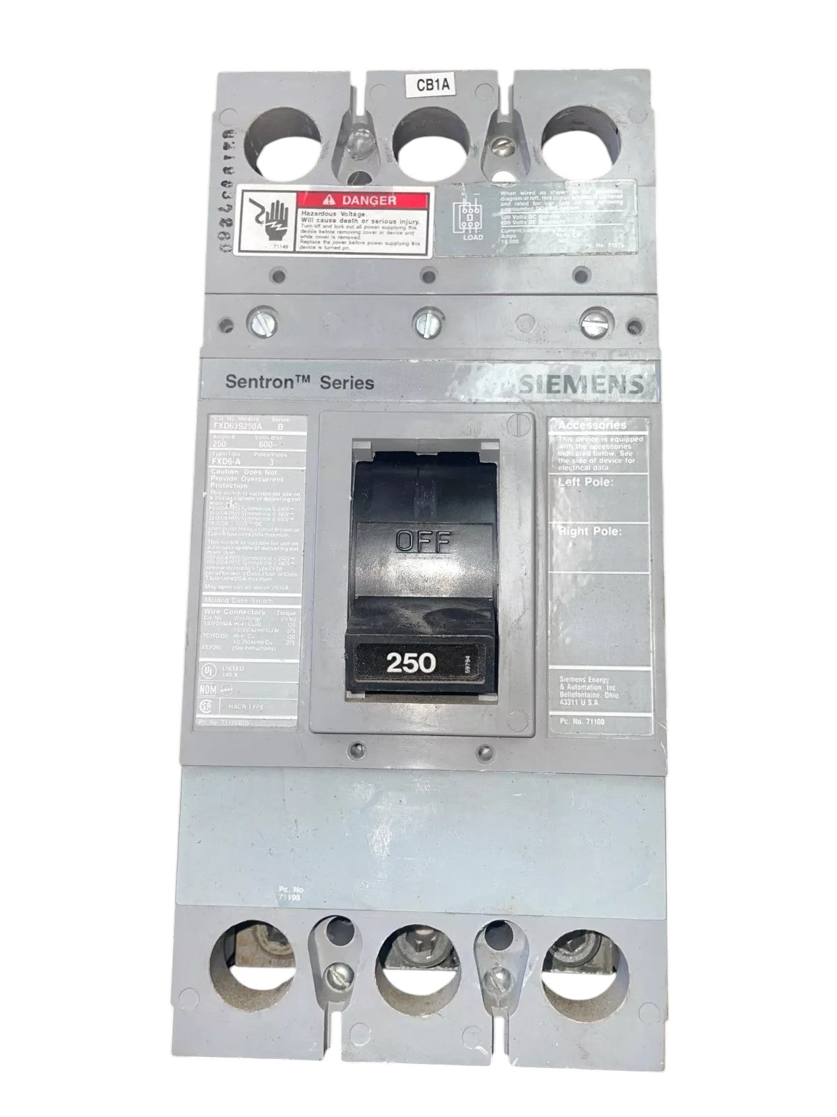 Siemens FXD63S250A 600V 3 Pole Molded Circuit Breaker (REFURBED)