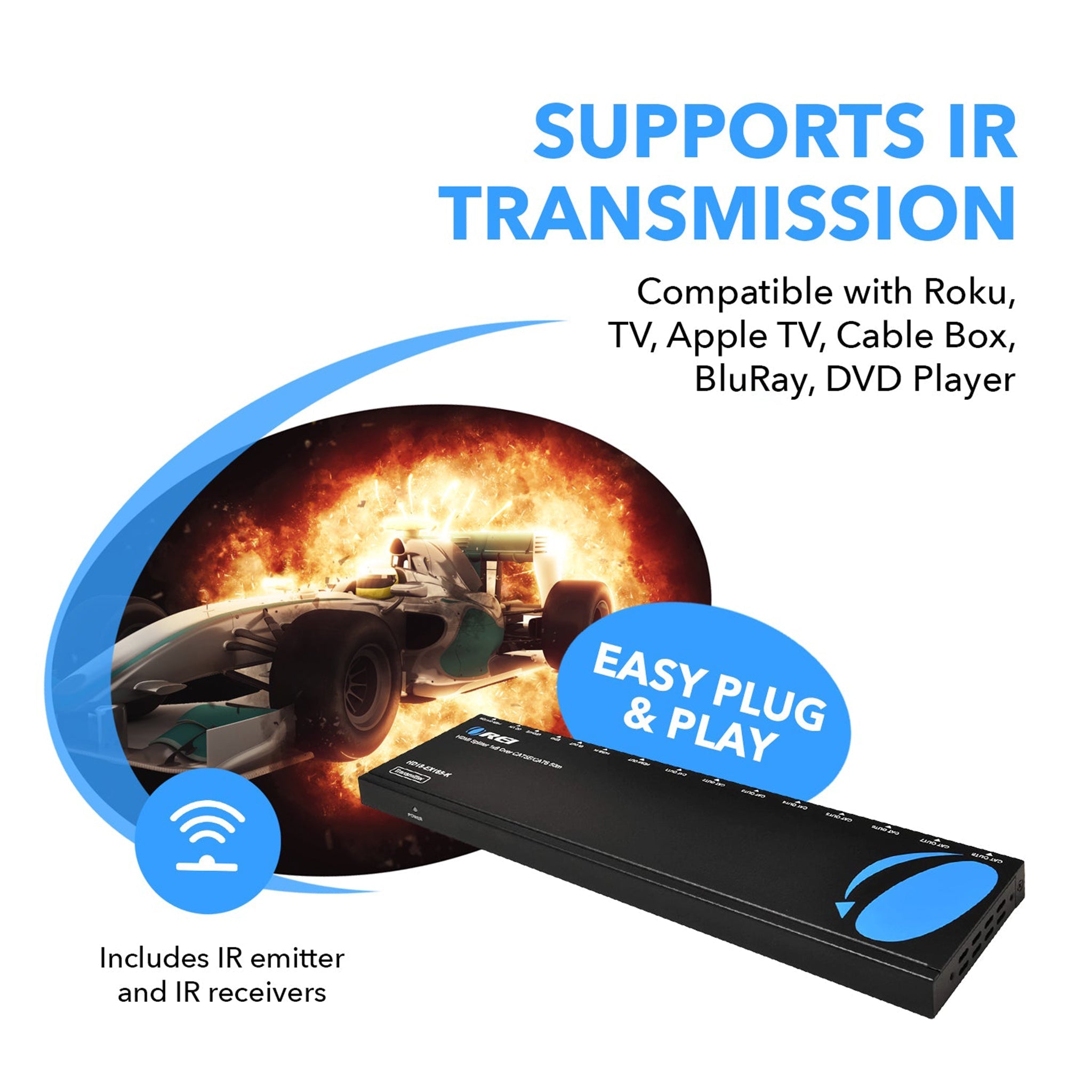 4K@30Hz 1x8 HDMI™ Extender Splitter (Loop) - 230ft (cat6)-HD18-EX165-K