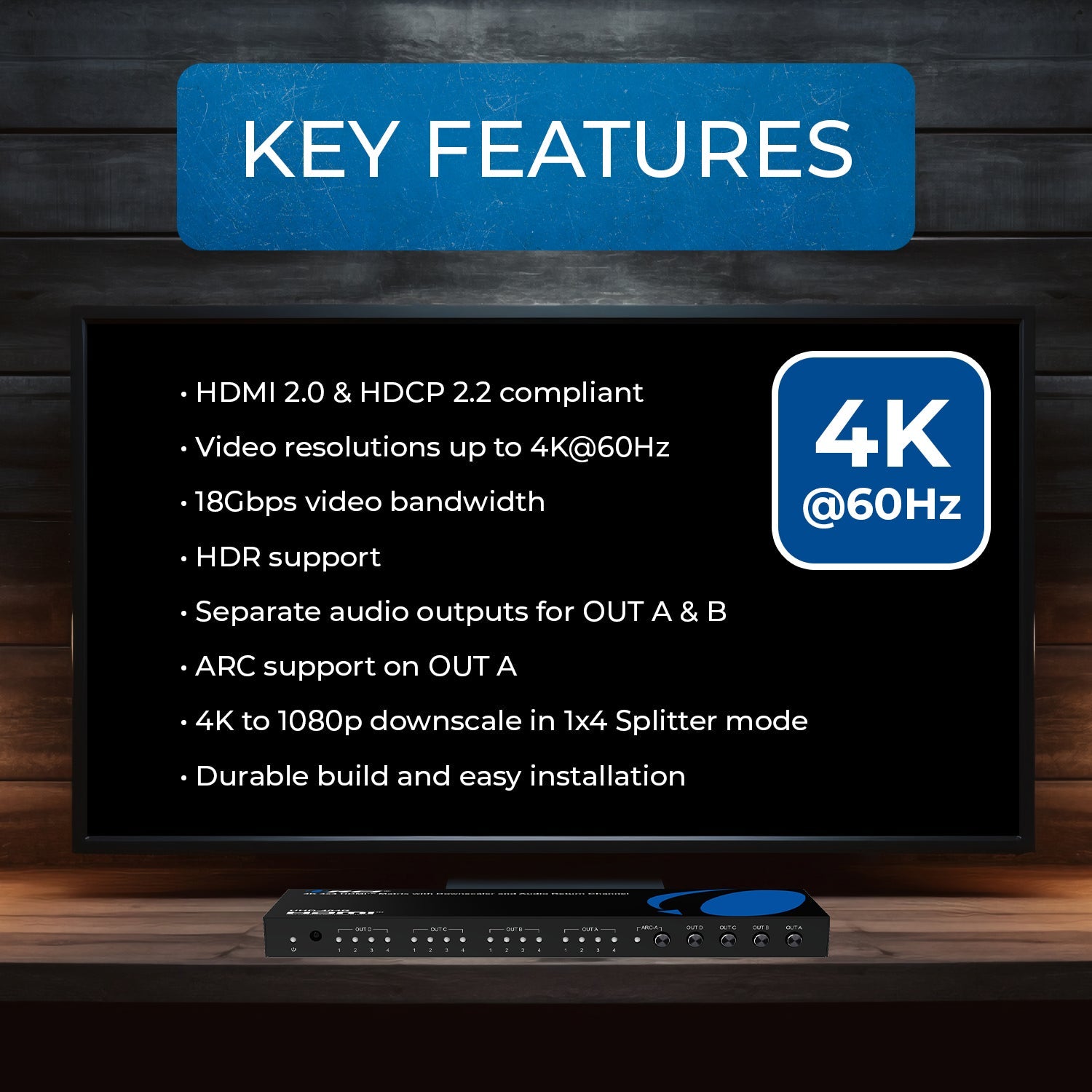 4K 4x4 HDMI™ Matrix with Downscaler and Audio Return Channel (UHD-404R)