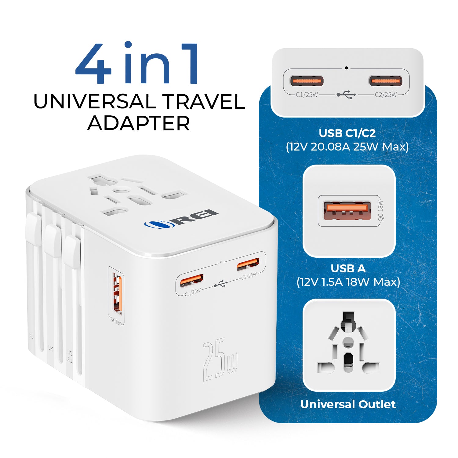 Universal Travel Adapter 25W | 4-in-1 Fast Charging Plug with USB-C & USB-A