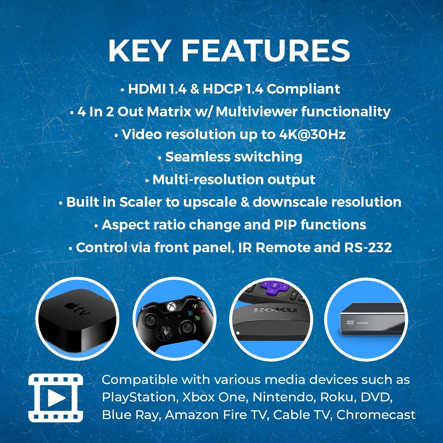 4K@30hz 4x2 HDMI™ Matrix (Seamless, Audio Extract, MultiView)-HDS-402MV