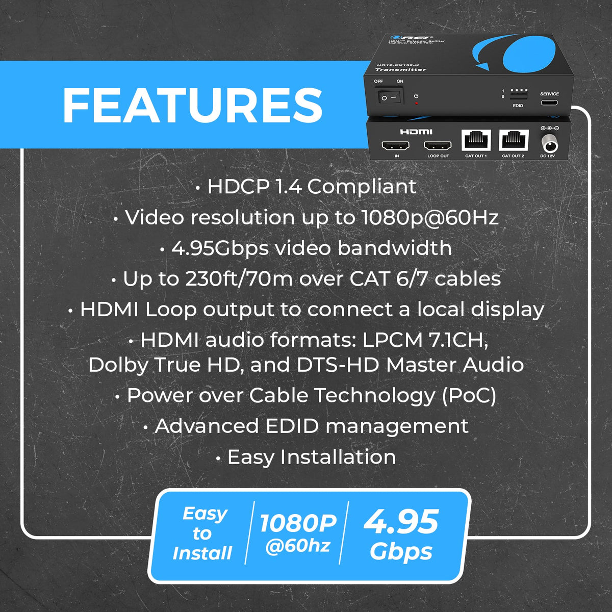 1080p 1x2 HDMI™ Extender Splitter (Loop) - 230ft (cat6)-HD12-EX132-K