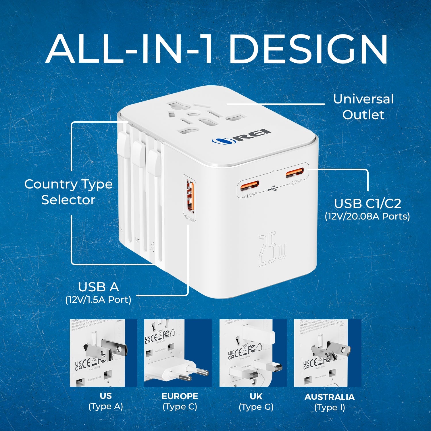 Universal Travel Adapter 25W | 4-in-1 Fast Charging Plug with USB-C & USB-A