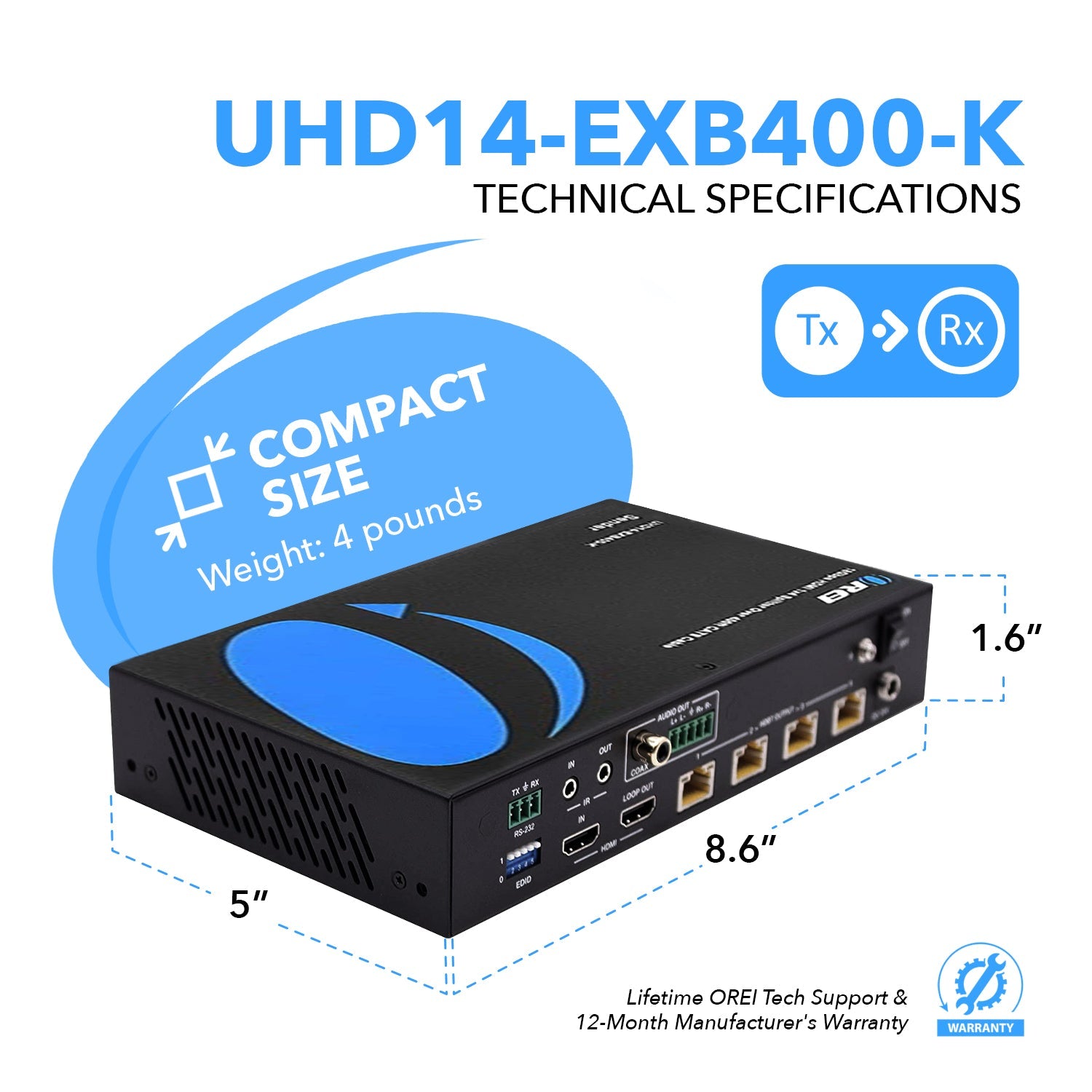 4K HDBaseT 1x4 HDMI™ Extender Splitter (Loop) - 400ft (cat6) - UHD14-EXB400-K