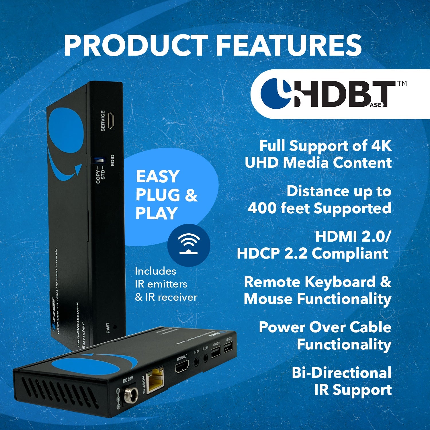 4K HDBaseT HDMI™ Extender (USB2.0, Bi-IR) - 400ft (cat6)-UHD-EXB400UR-K