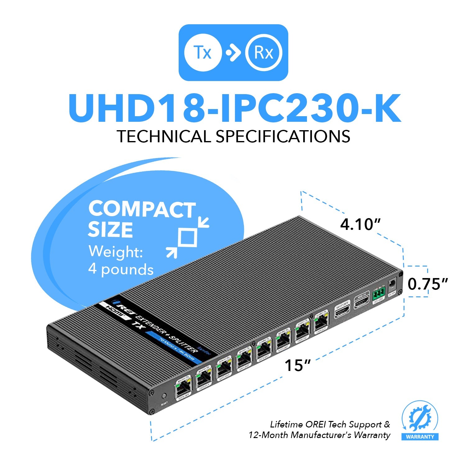 4K@60hz 1x8 HDMI™ Extender Splitter (Loop) - 230ft (cat6)-UHD18-IPC230-K
