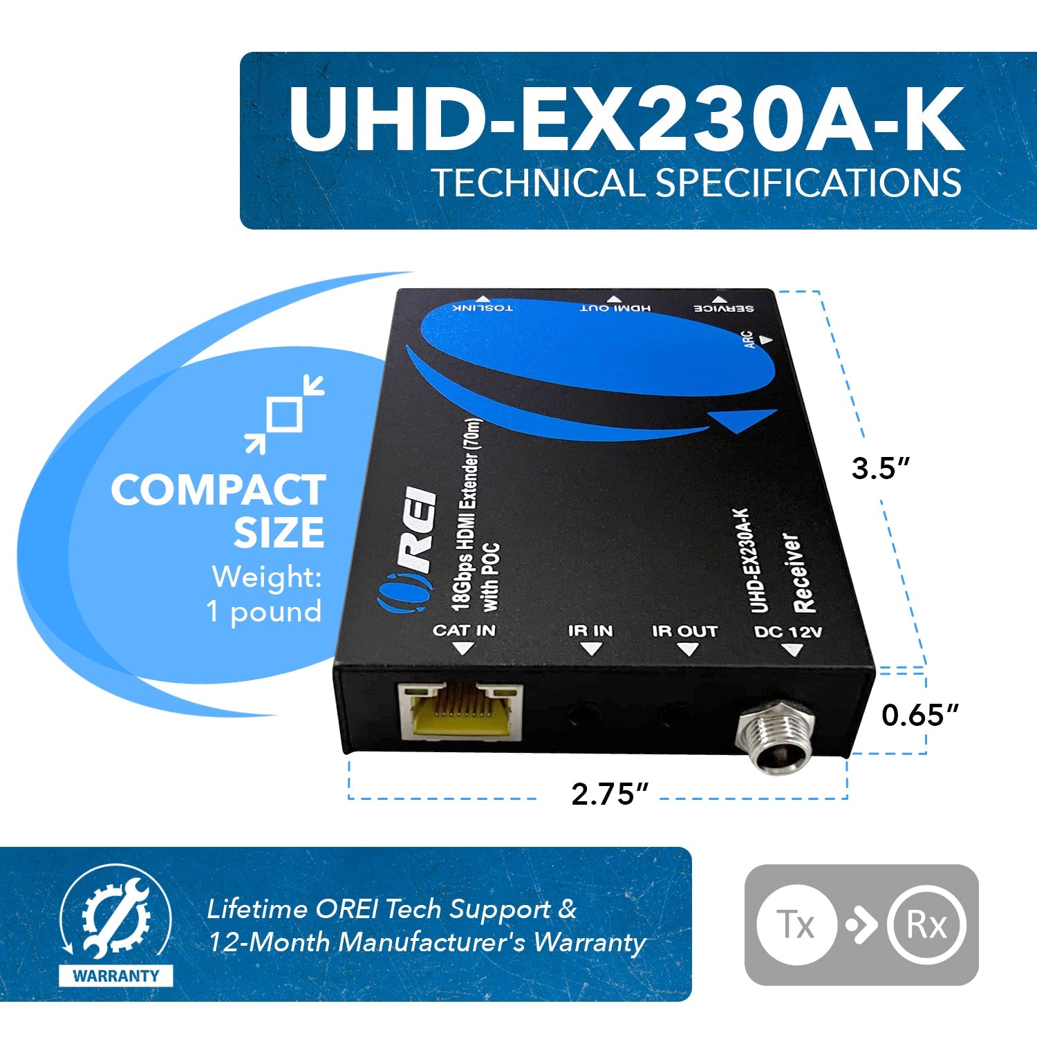 4K@60hz HDMI™ Extender (Loop, Bi-IR, SPDIF) - 230ft (cat6)-UHD-EX230A-K