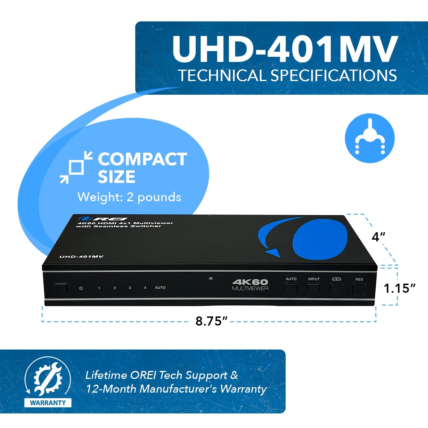 4K@60hz 4-port HDMI™ Seamless Switch w/ Multi Viewer (Audio Extract)-UHD-401MV