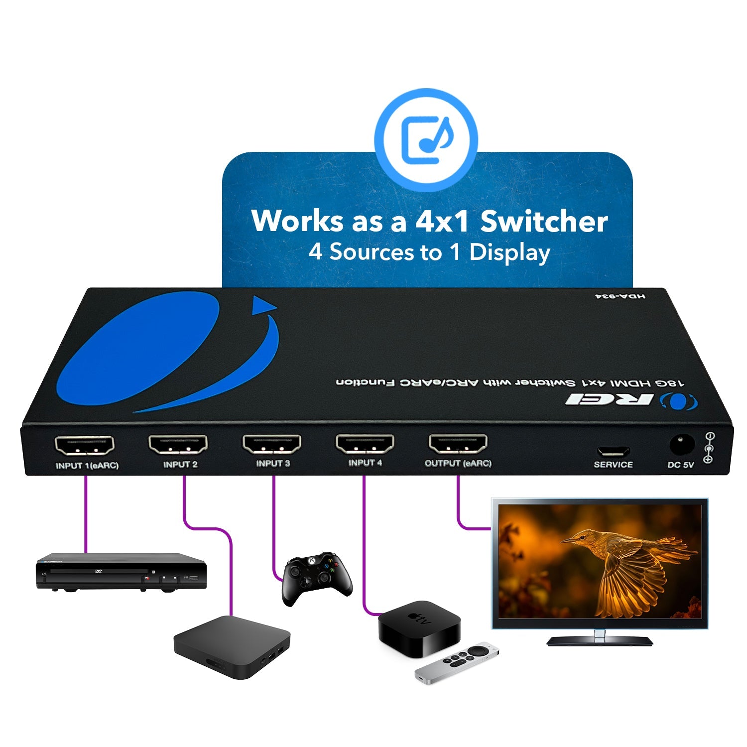 4K@60hz 4-port HDMI™ Switch (w/ eARC Output)-HDA-934