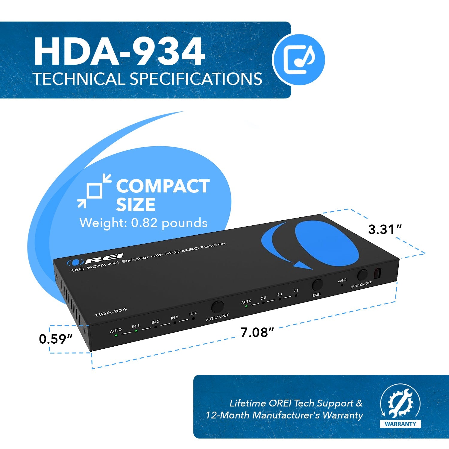 4K@60hz 4-port HDMI™ Switch (w/ eARC Output)-HDA-934