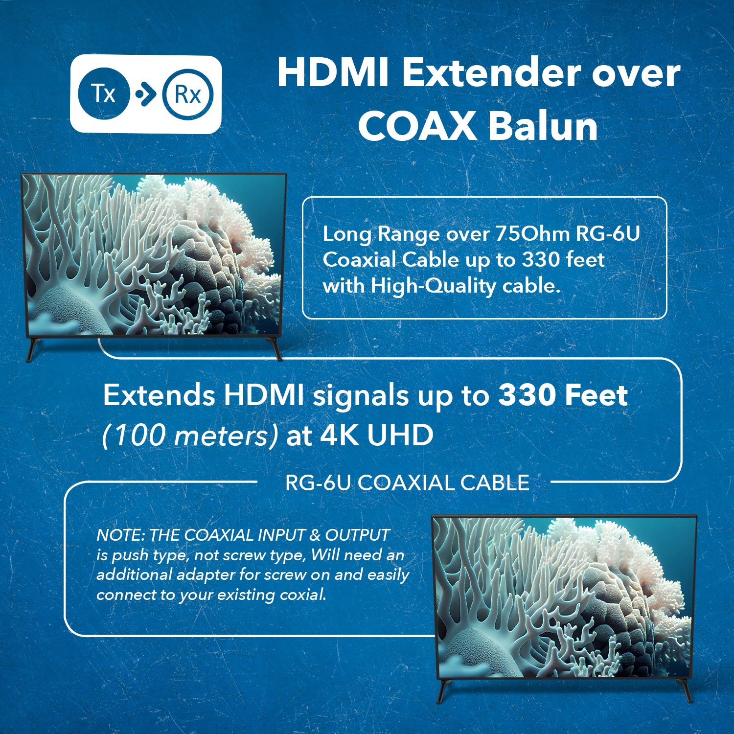 4K@60hz HDMI™ Extender (Loop, Bi-IR) - 330ft (coaxial)-CO-UHD330-K