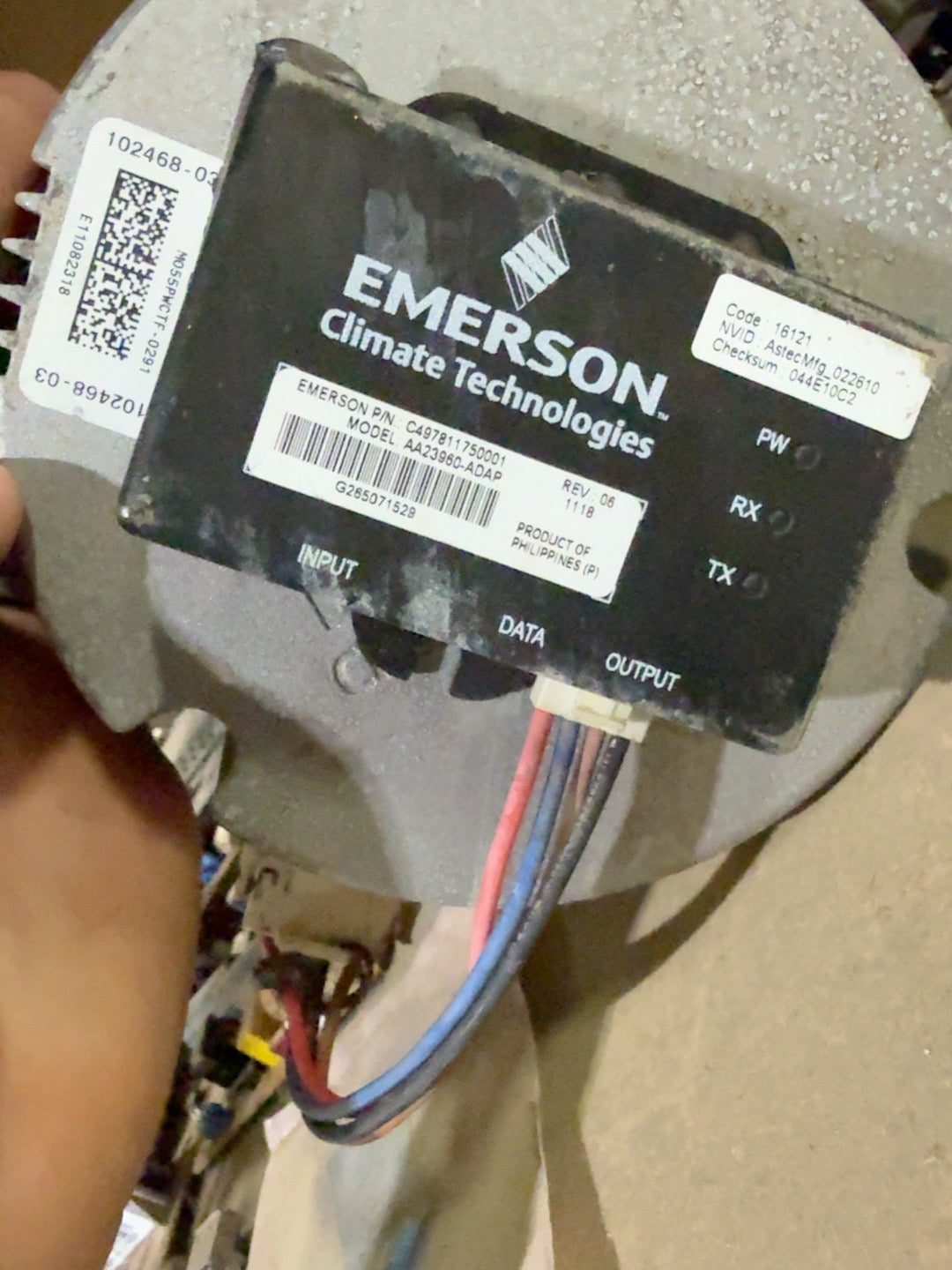Actual Emerson AA23960-ADAP controller label and connector