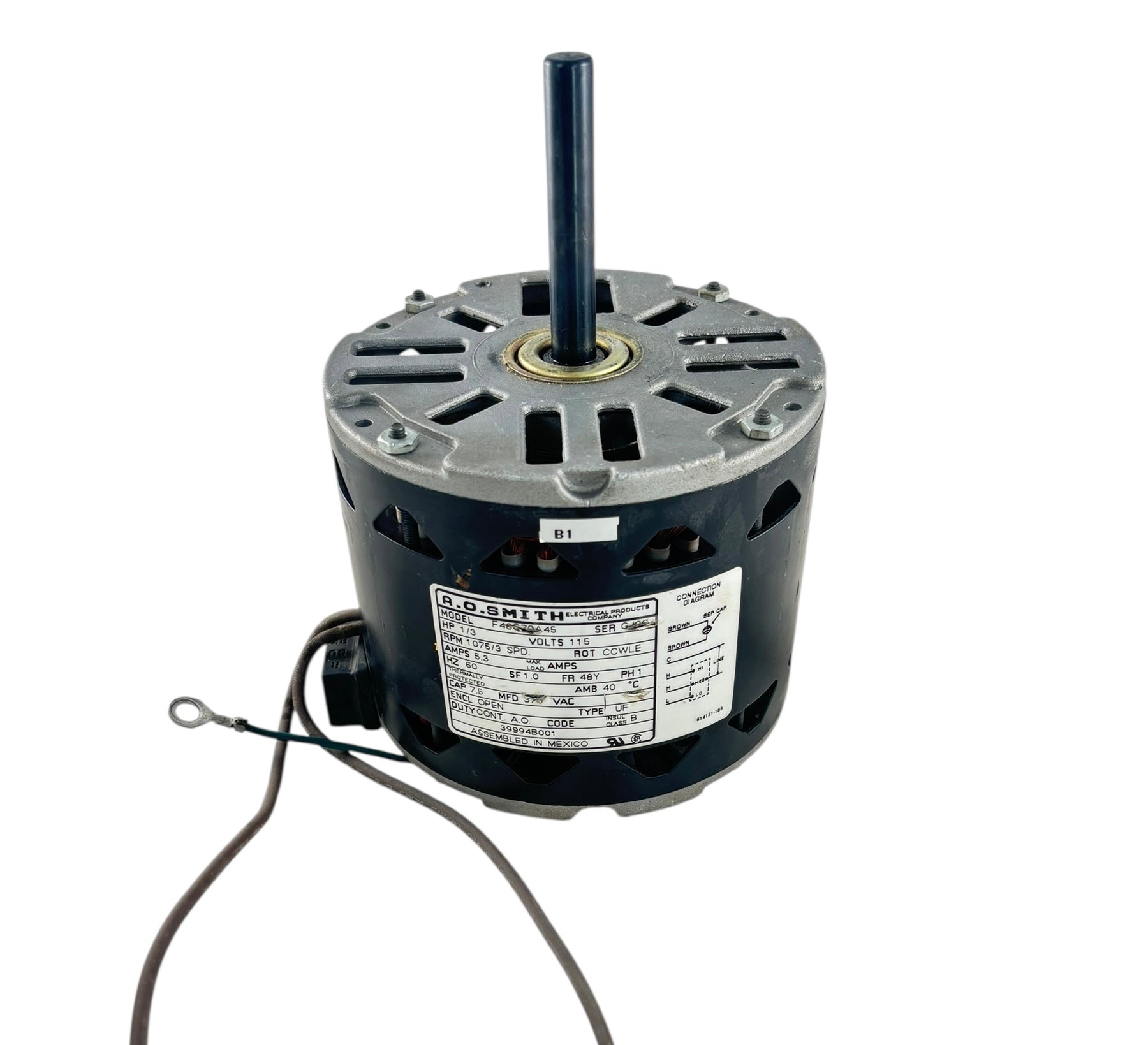 A O SMITH 115V Blower Fan Motor 1/3 HP 1050 RPM, 3SPD with capacitor F48G70A45 (Refurbed)