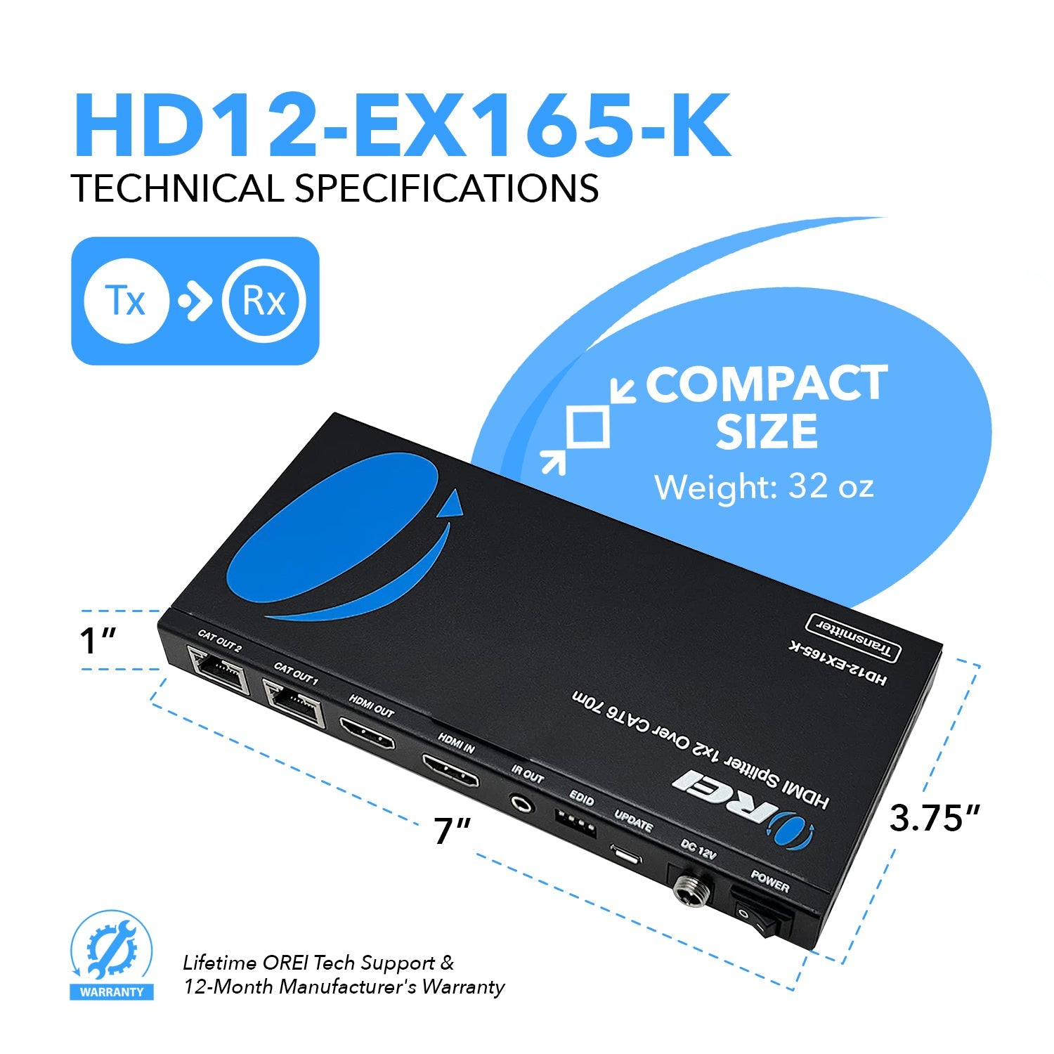 4K@30Hz 1x2 HDMI™ Extender Splitter (Loop) - 230ft (cat6)-HD12-EX165-K