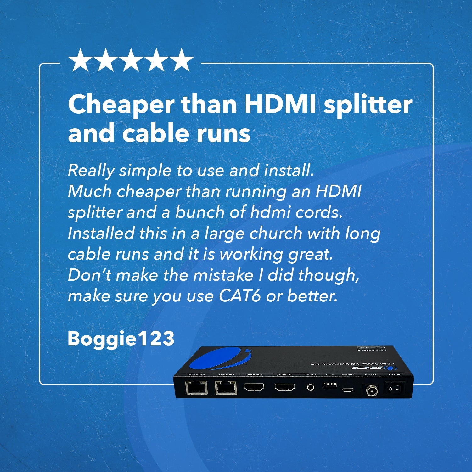 4K@30Hz 1x2 HDMI™ Extender Splitter (Loop) - 230ft (cat6)-HD12-EX165-K