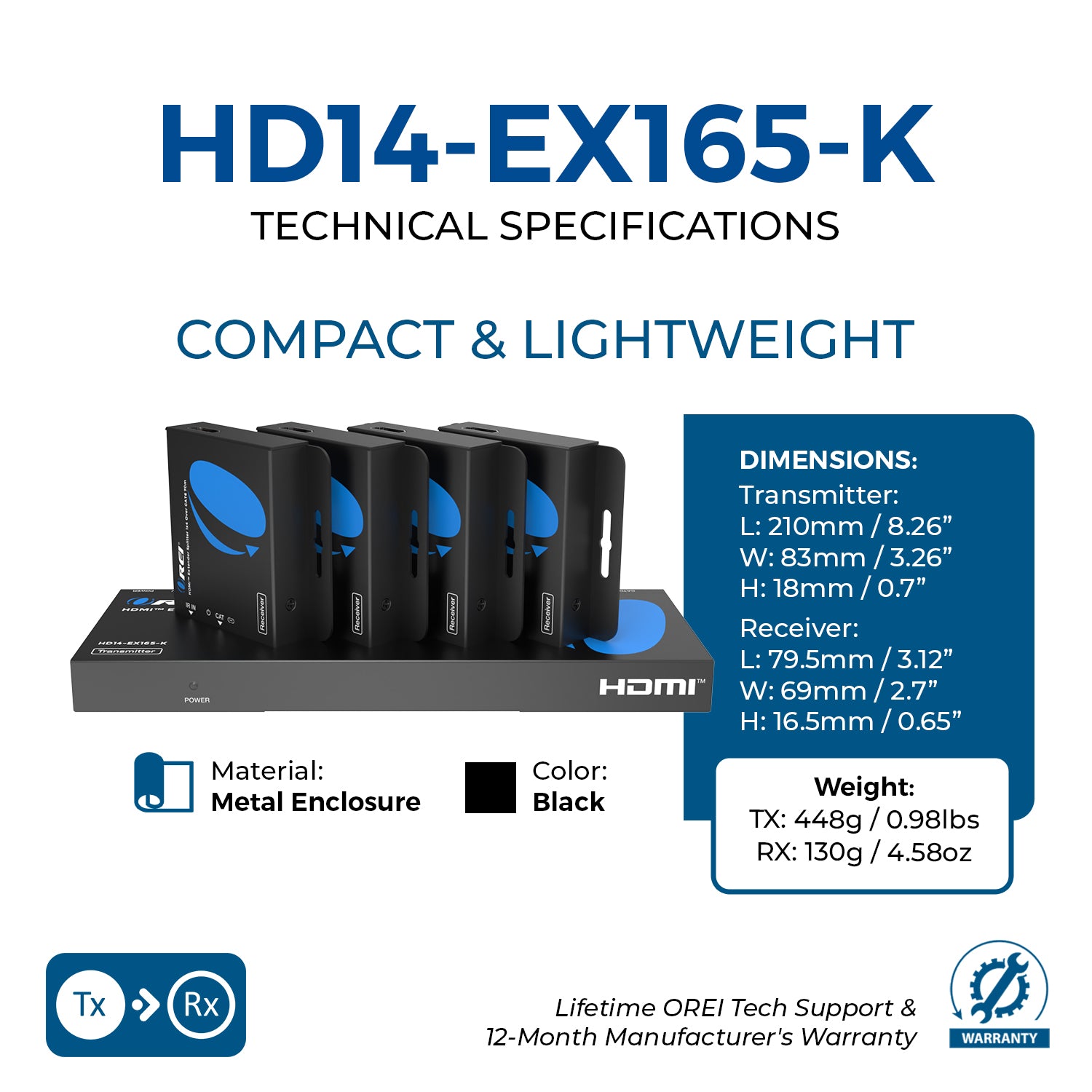 4K@30Hz 1x4 HDMI™ Extender Splitter (Loop) - 230ft (cat6)-HD14-EX165-K