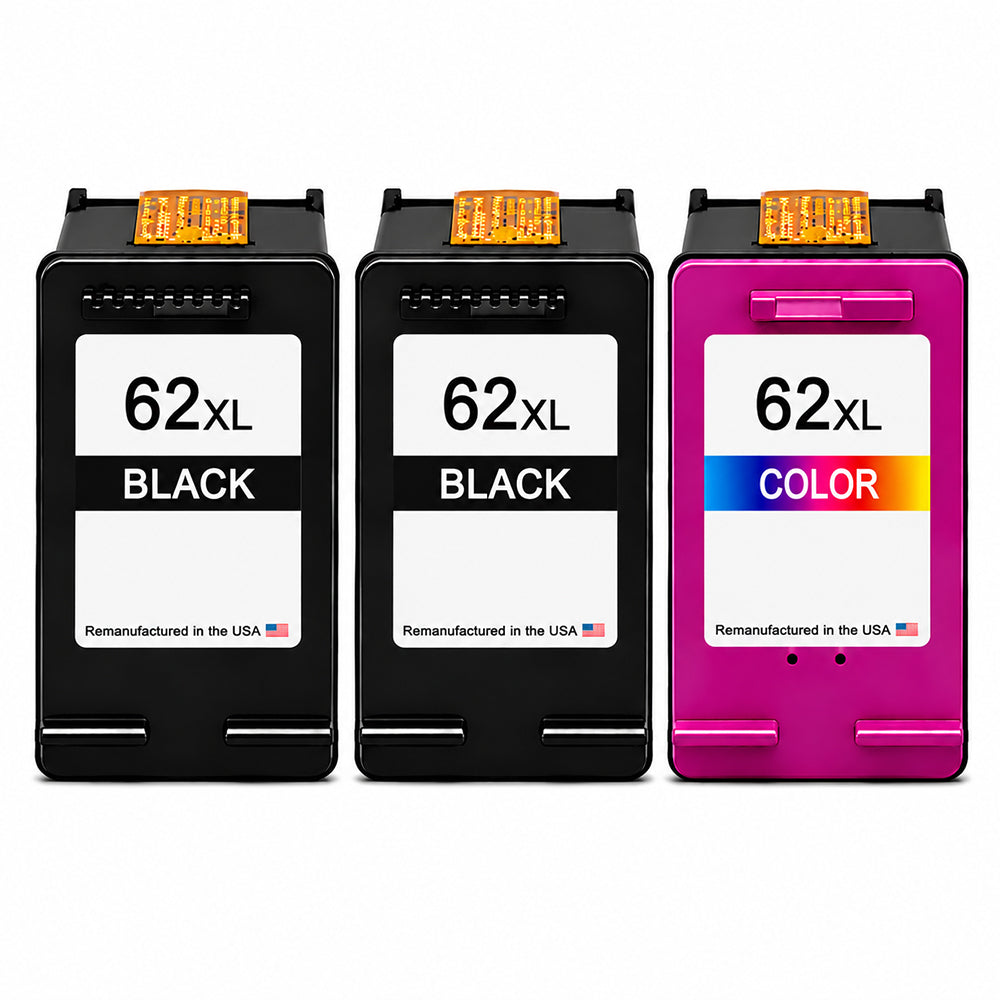 U.S. Remanufactured for HP 62XL 2 Black / 1 Tri-Color 3-Pack Ink Cartridges