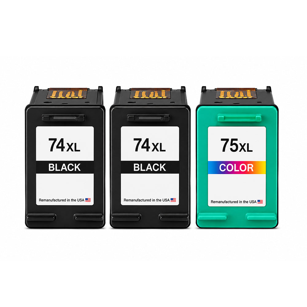 U.S. Remanufactured for HP 74XL 2 Black / 75XL 1 Color 3-Pack Ink Cartridges