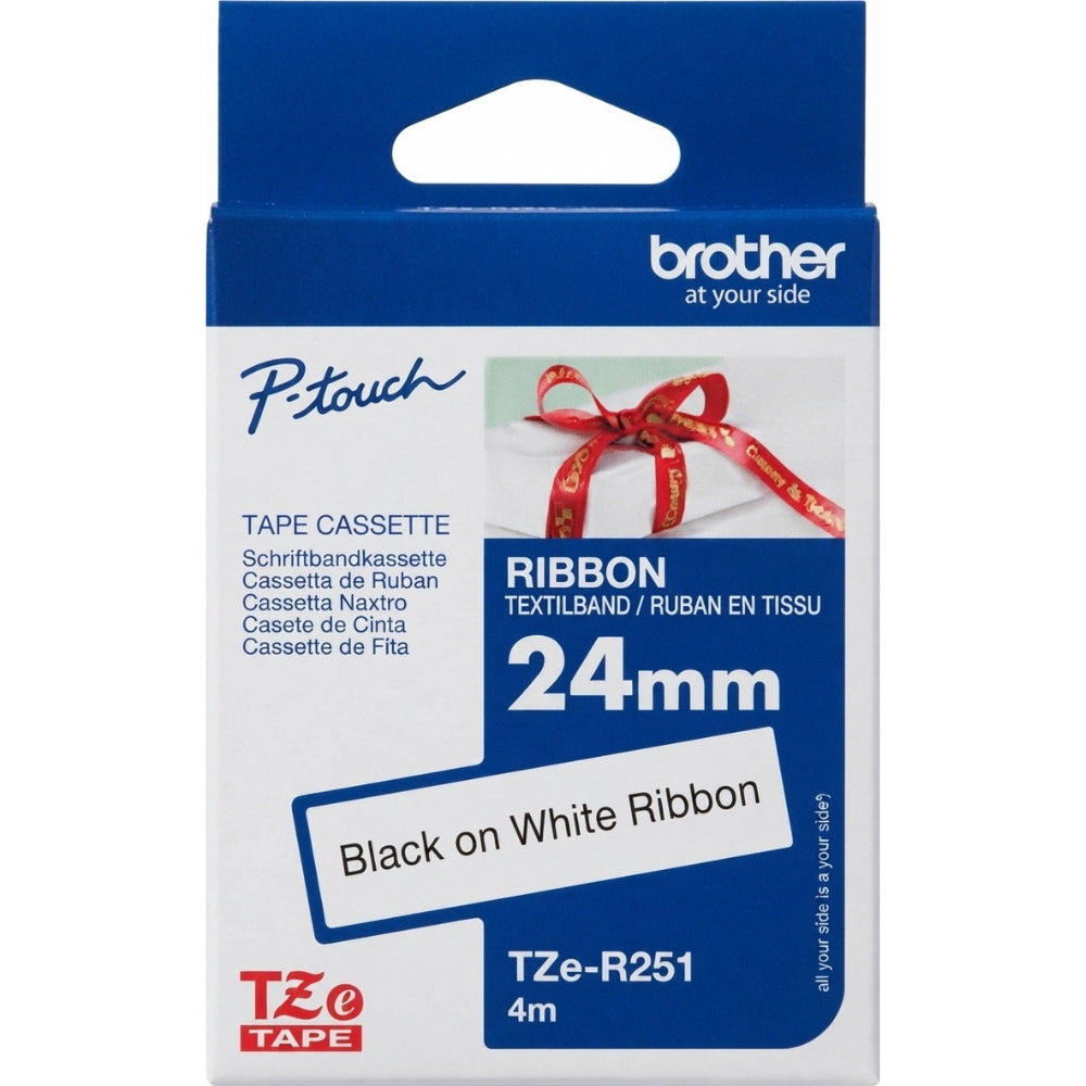 New, Pre-owned, Original Brother P-touch TZE-R251 Embellish Black Print on White Satin Ribbon ~1" (24mm) x 13.1' (4m)