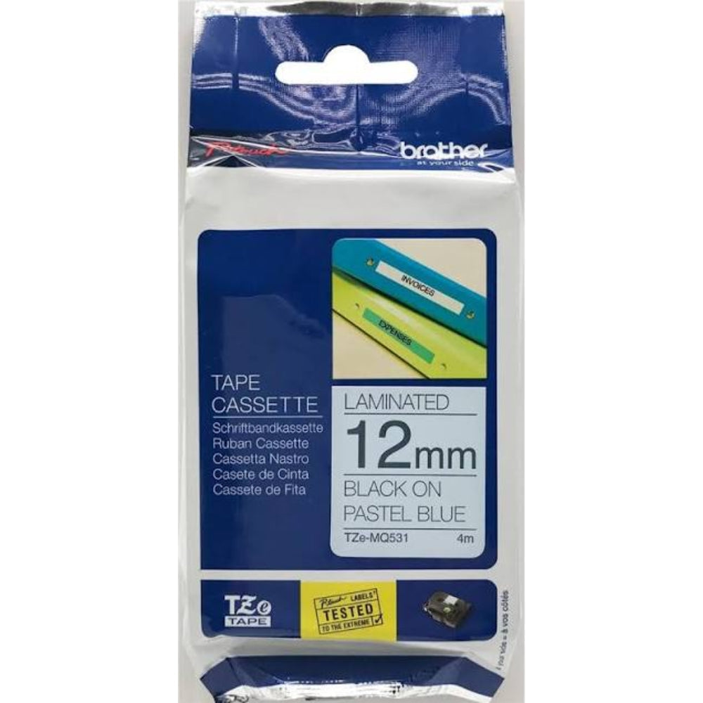 New, Pre-owned, Original Brother TZe-MQ531 Labelling Tape Cassette, Black on Pastel Blue, 12 mm (W) x 4 m (L), Laminated