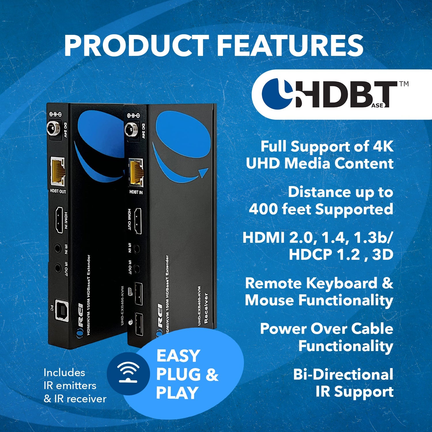 4K HDBaseT HDMI™ Extender (KVM, Bi-IR) - 400ft (cat6)-UHD-EXB400-KVM