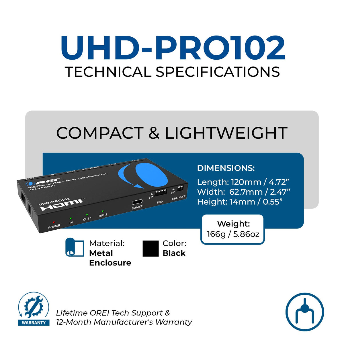 4K@60Hz 1x2 HDMI™ Splitter (CEC, Downscaler, Audio Extract) (UHD-PRO102)