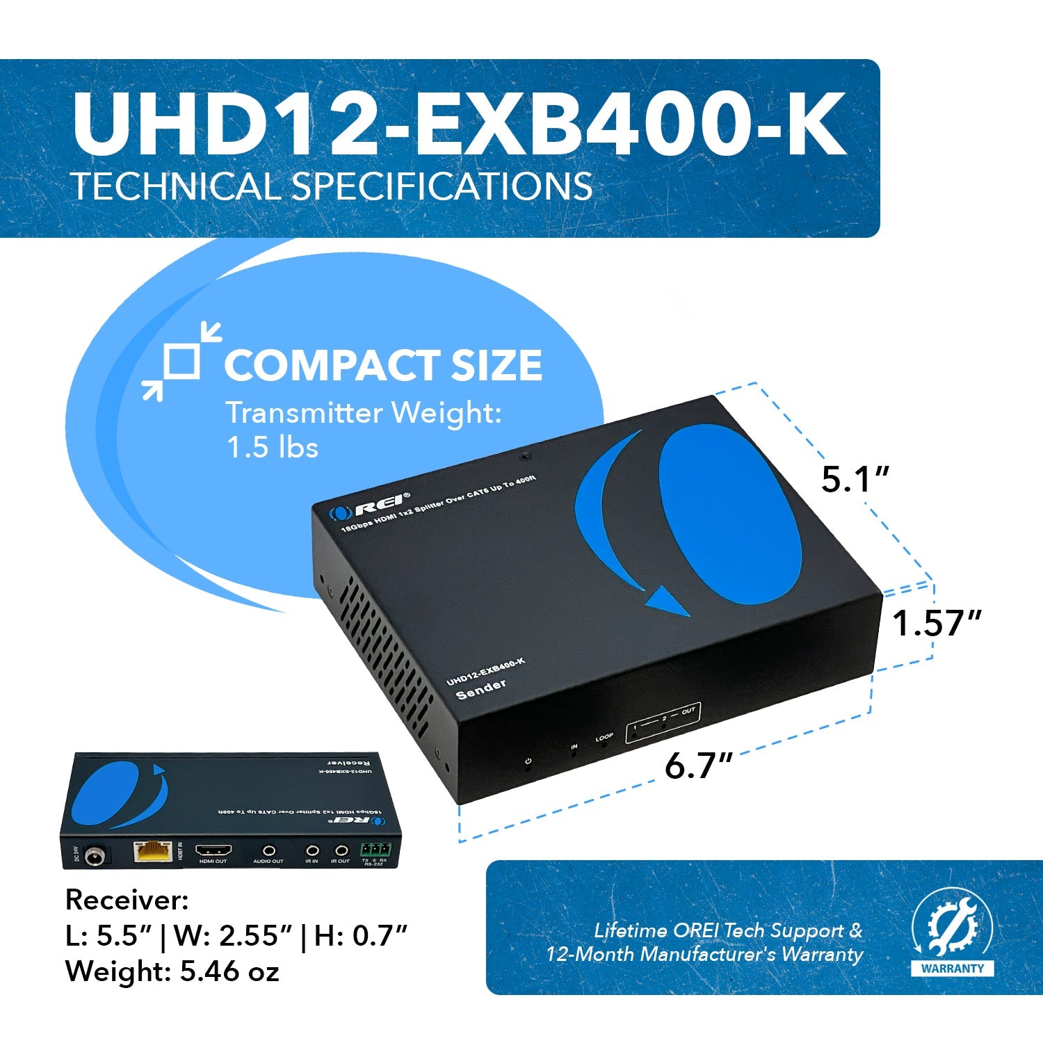 4K HDBaseT 1x2 HDMI™ Extender Splitter (Loop, Bi-IR) - 400ft (Cat6) (UHD12-EXB400-K)