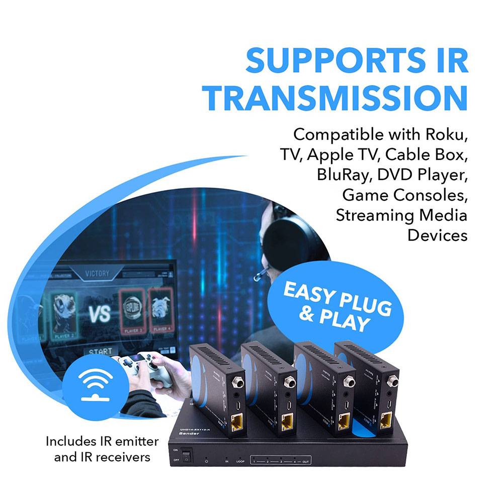 4K@60hz 1x4 HDMI™ Extender Splitter (Loop) - 115ft (cat6)-UHD14-EX115-K
