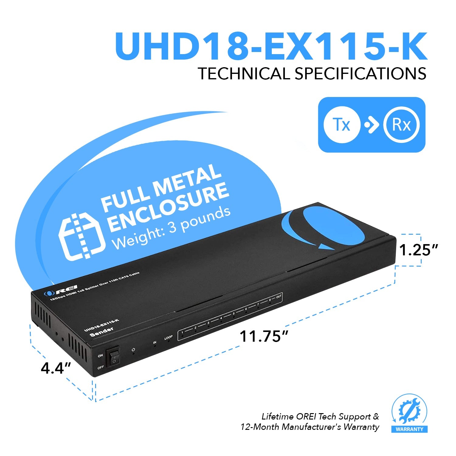 4K@60hz 1x8 HDMI™ Extender Splitter (Loop) - 115ft (cat6)-UHD18-EX115-K
