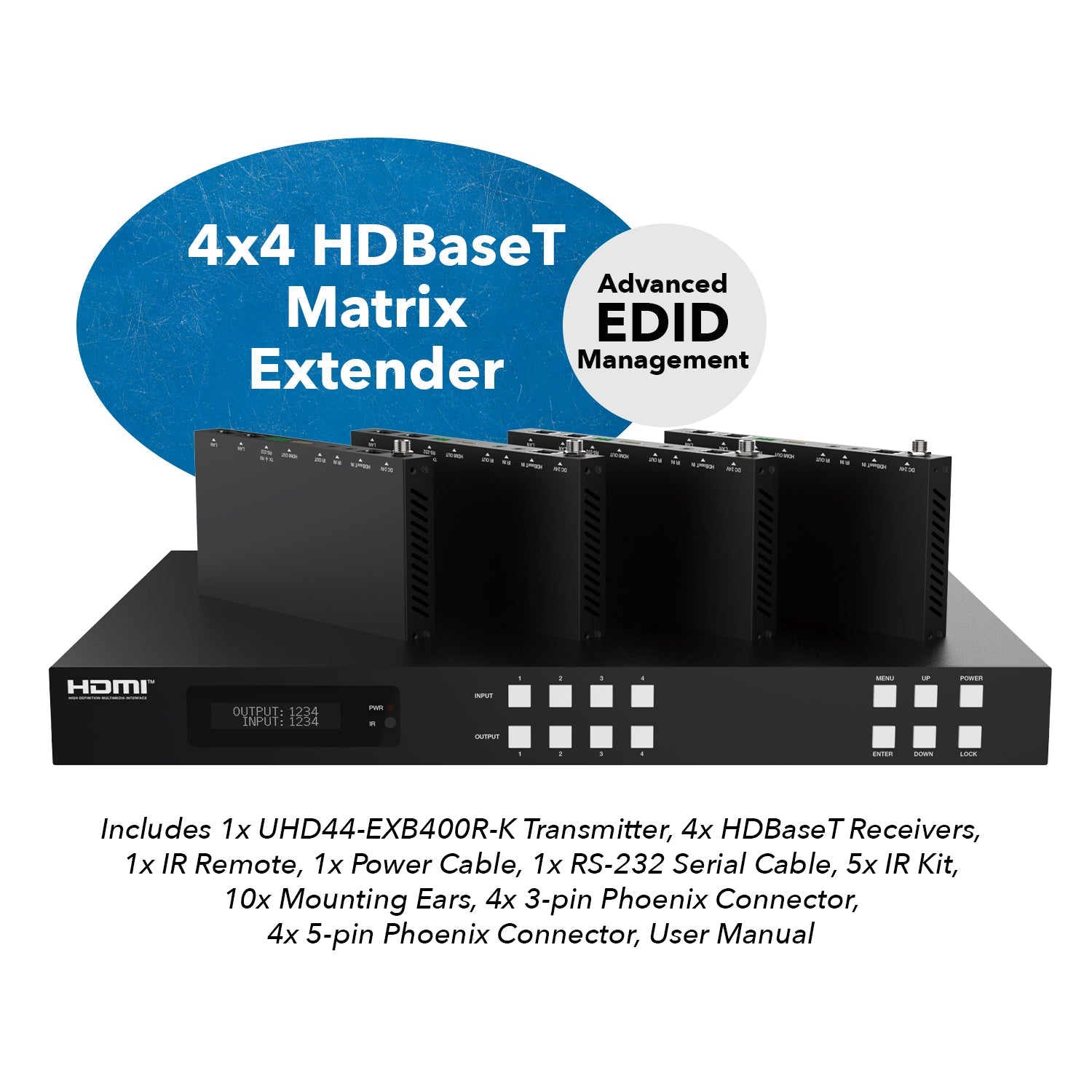 4K HDBaseT 4x4 HDMI™ Extender Matrix (Loop) - 400ft (cat6)- (UHD44-EXB400R-K)
