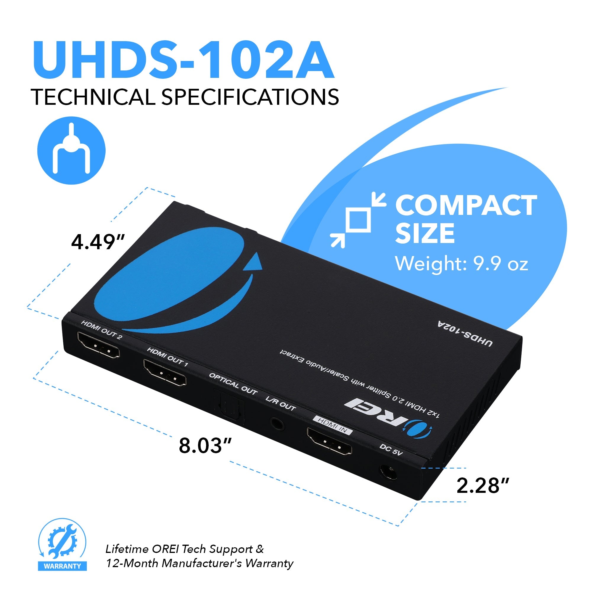 4K@60Hz 1x2 HDMI™ Splitter (Downscaler, Audio Extract)-UHDS-102A