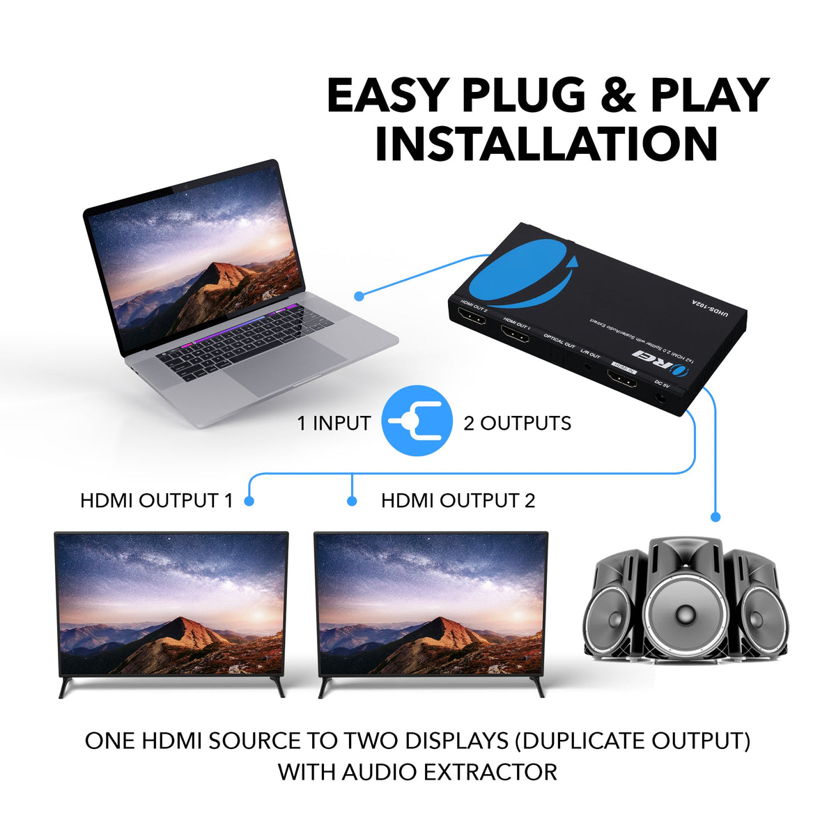 4K@60Hz 1x2 HDMI™ Splitter (Downscaler, Audio Extract) (UHDS-102A)