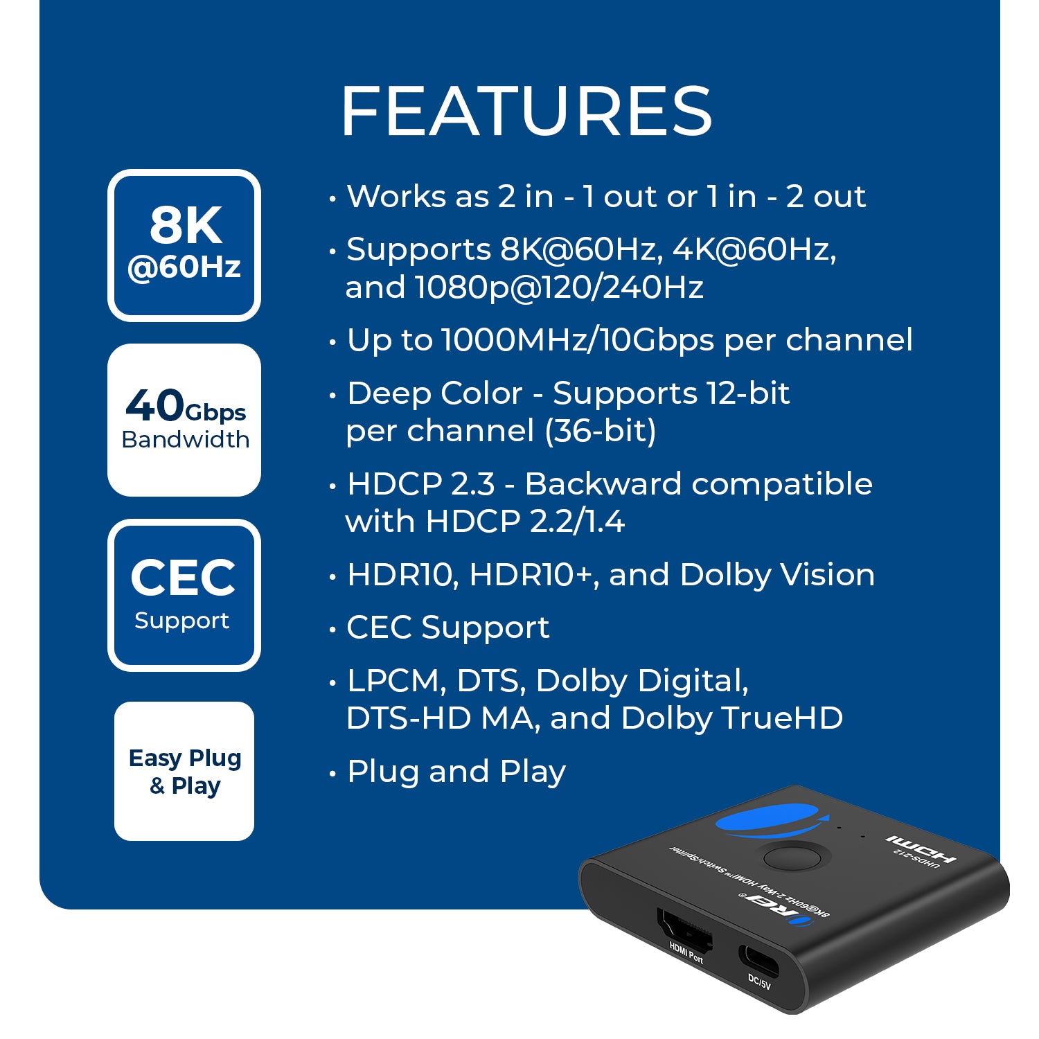 8K@60Hz 2-Way HDMI™ Switch/Splitter (UHDS-212)