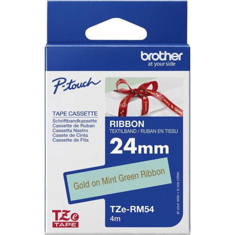 New, Pre-owned, Original Brother TZe-RM54 Labelling Tape Cassette, Gold on Mint Green, 24mm (W) x 4M (L), Ribbon Tape