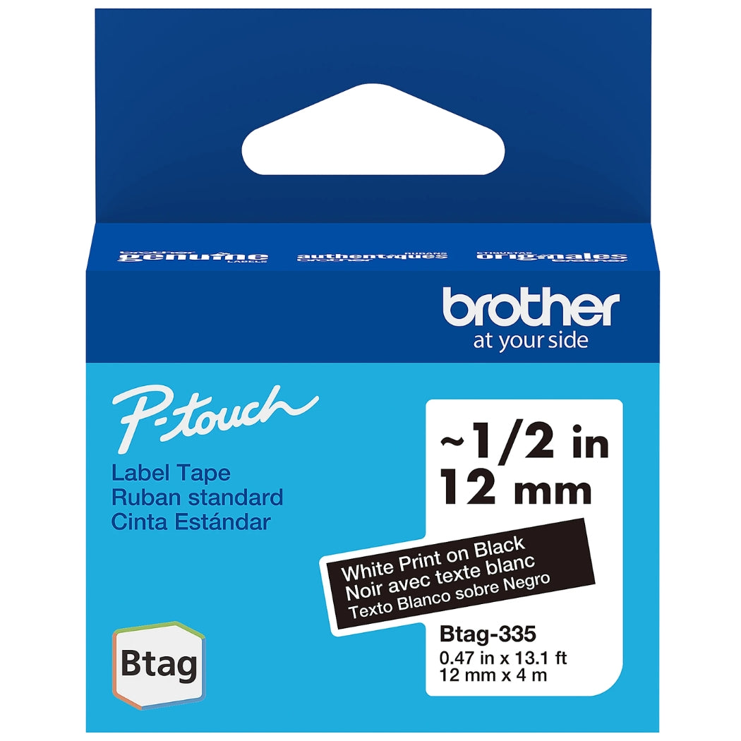New, Pre-owned, Brother P-Touch Btag BTAG335 White on Black Label Tape ~1/2in by 13.1ft (12mm x 4m)
