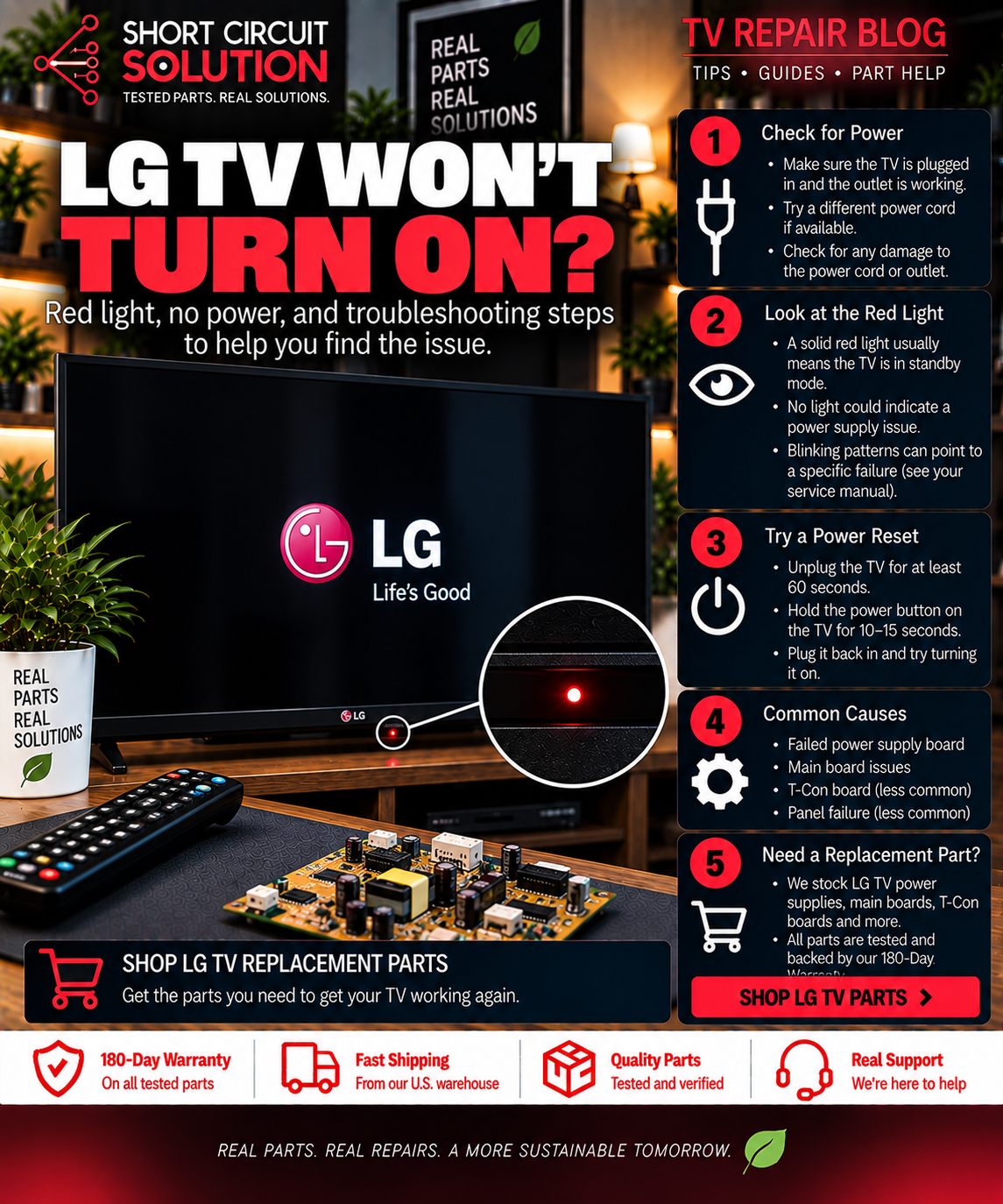 LG TV won't turn on red light no power troubleshooting guide - Short Circuit Solution