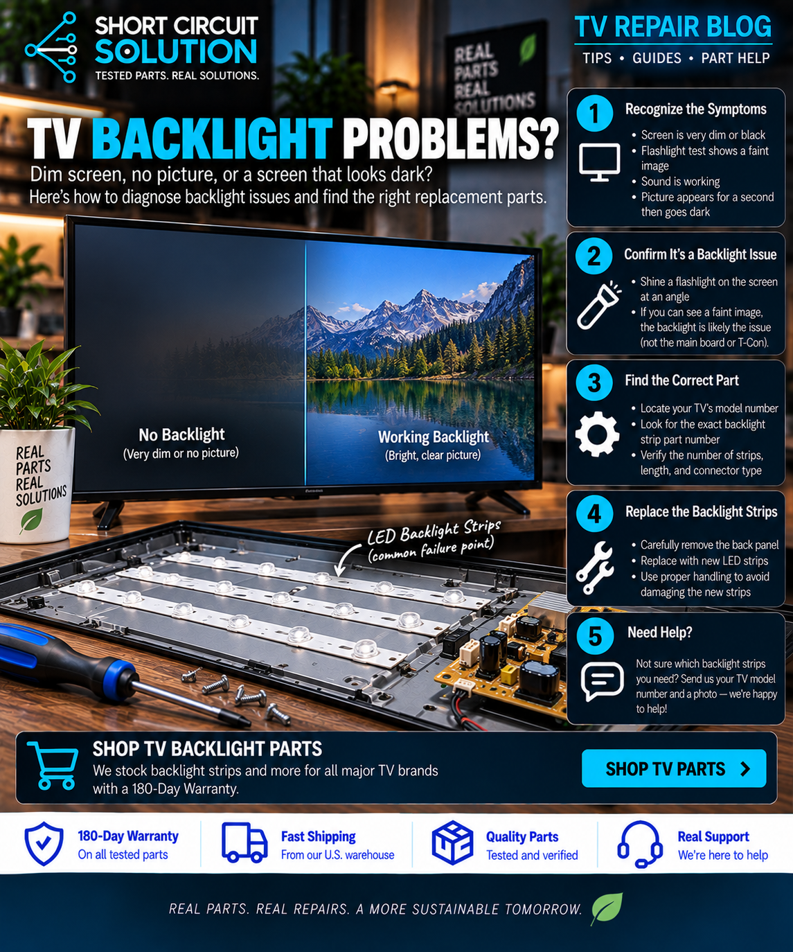TV backlight problems flashlight test symptoms and troubleshooting guide - Short Circuit Solution
