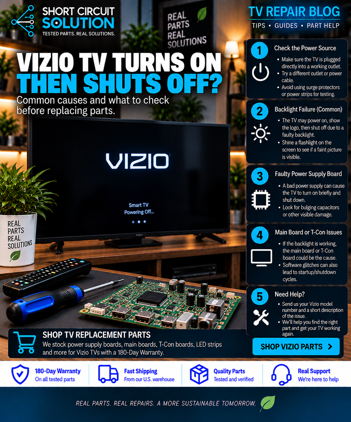 Vizio TV turns on then shuts off troubleshooting guide - Short Circuit Solution
