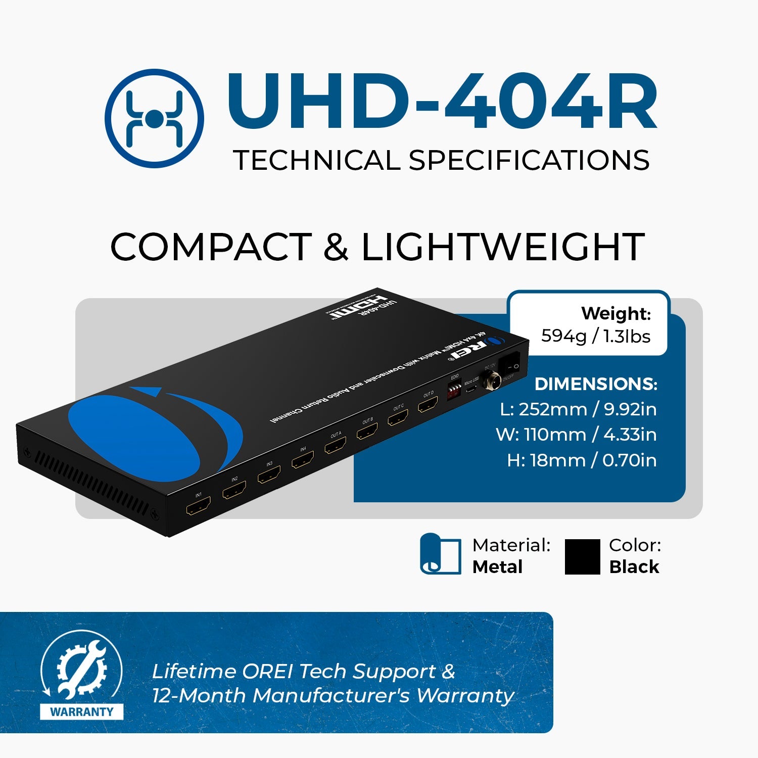 4K@60Hz 4x4 HDMI Matrix with RS-232 and Downscale (UHD-404R)