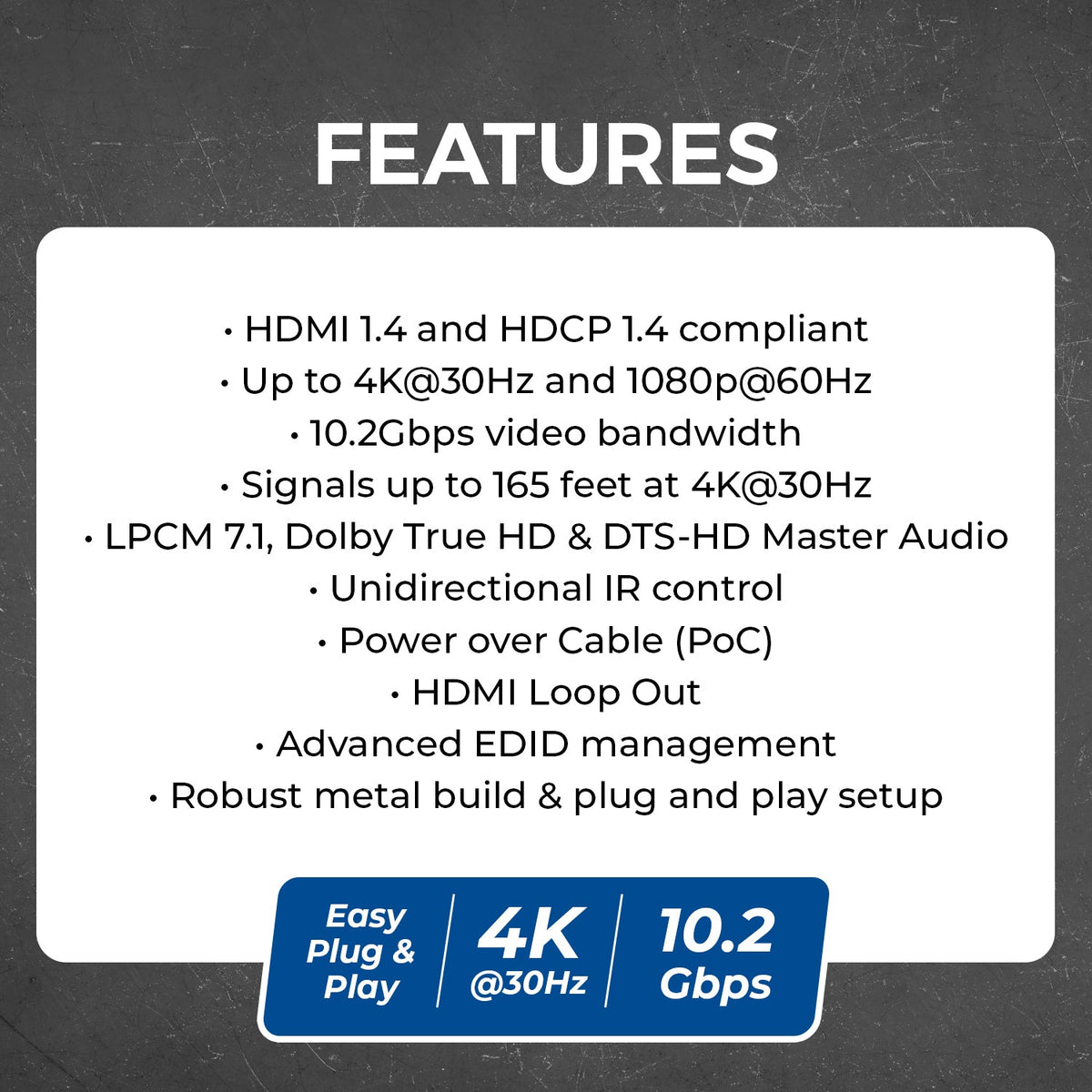 4K@30Hz 1x8 HDMI™ Extender Splitter (Loop) - 230ft (cat6)-HD18-EX165-K