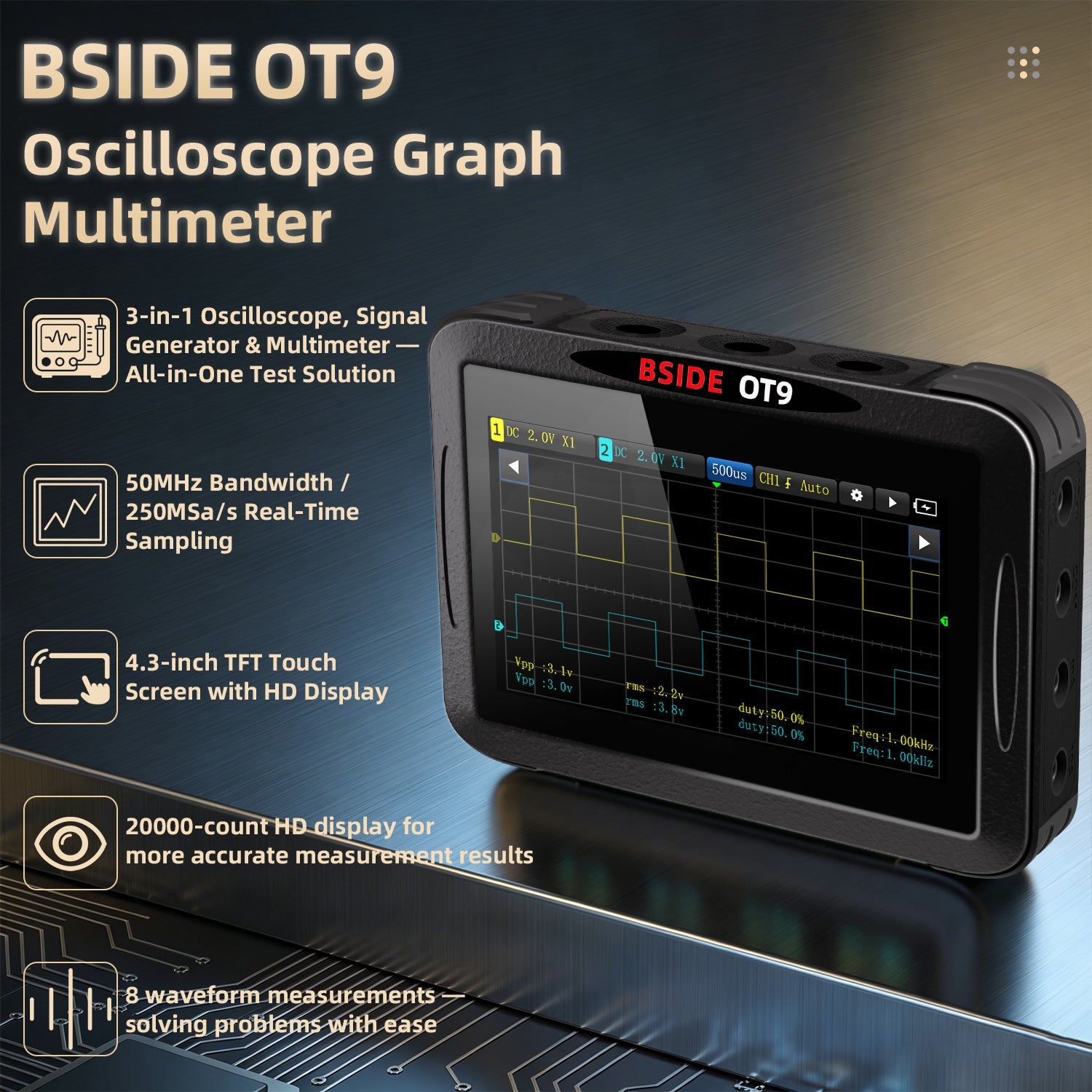 BSIDE OT9 3-in-1 Oscilloscope with Graphing Multimeter & Signal Generator