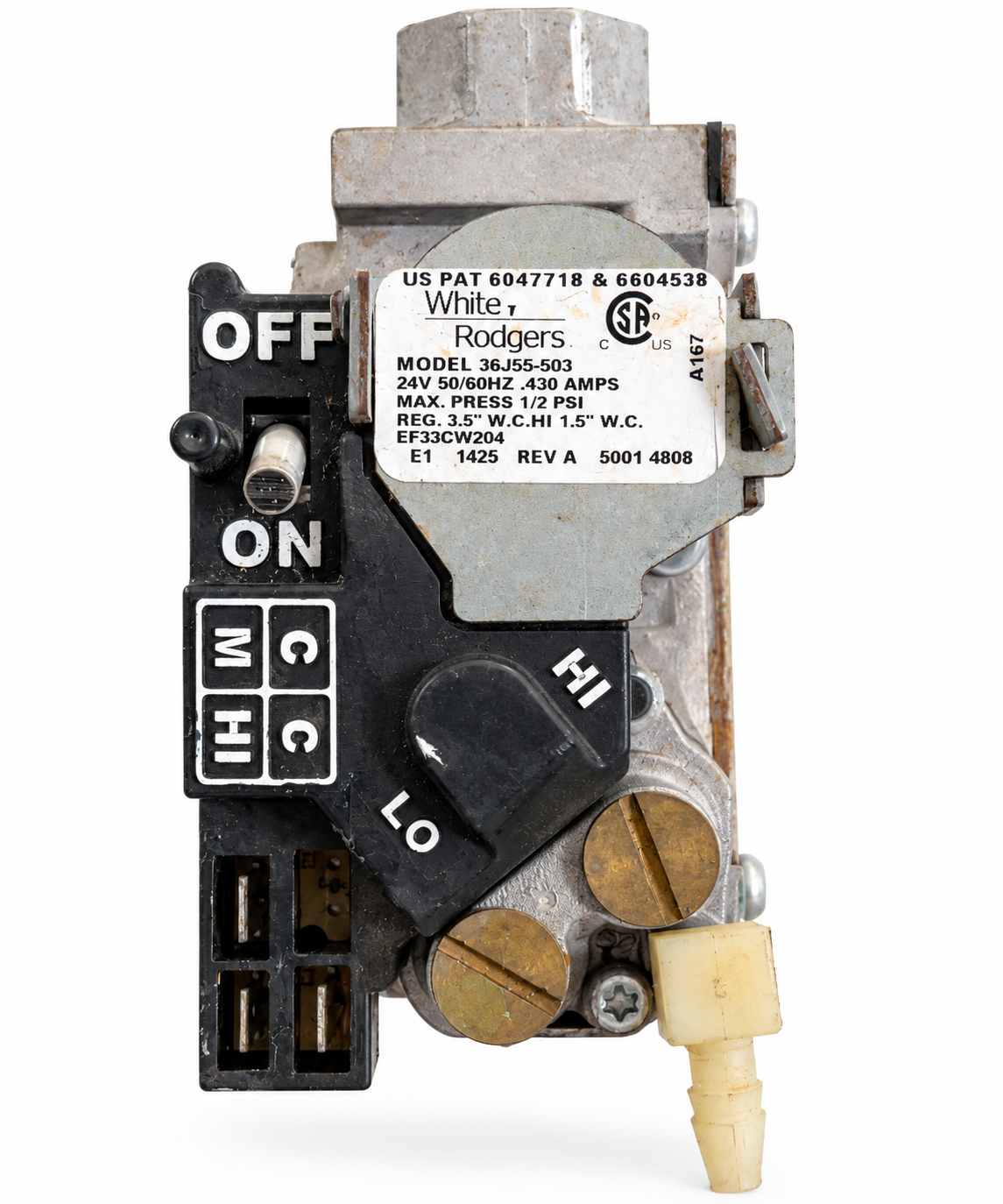 White-Rodgers 36J55-503 EF33CW204 used furnace gas valve white background